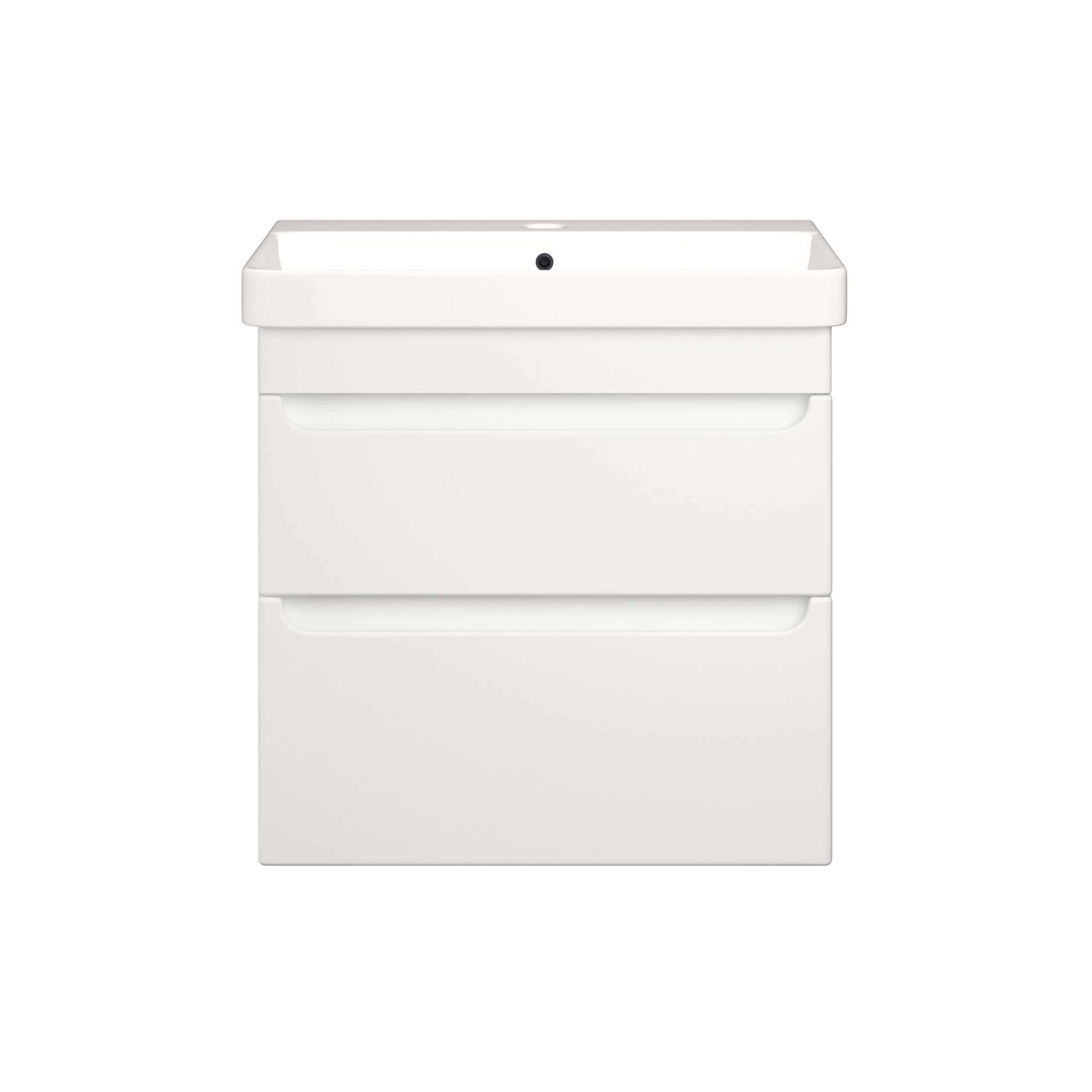 White modern bathroom vanity with integrated sink and storage drawers for contemporary bathroom design.