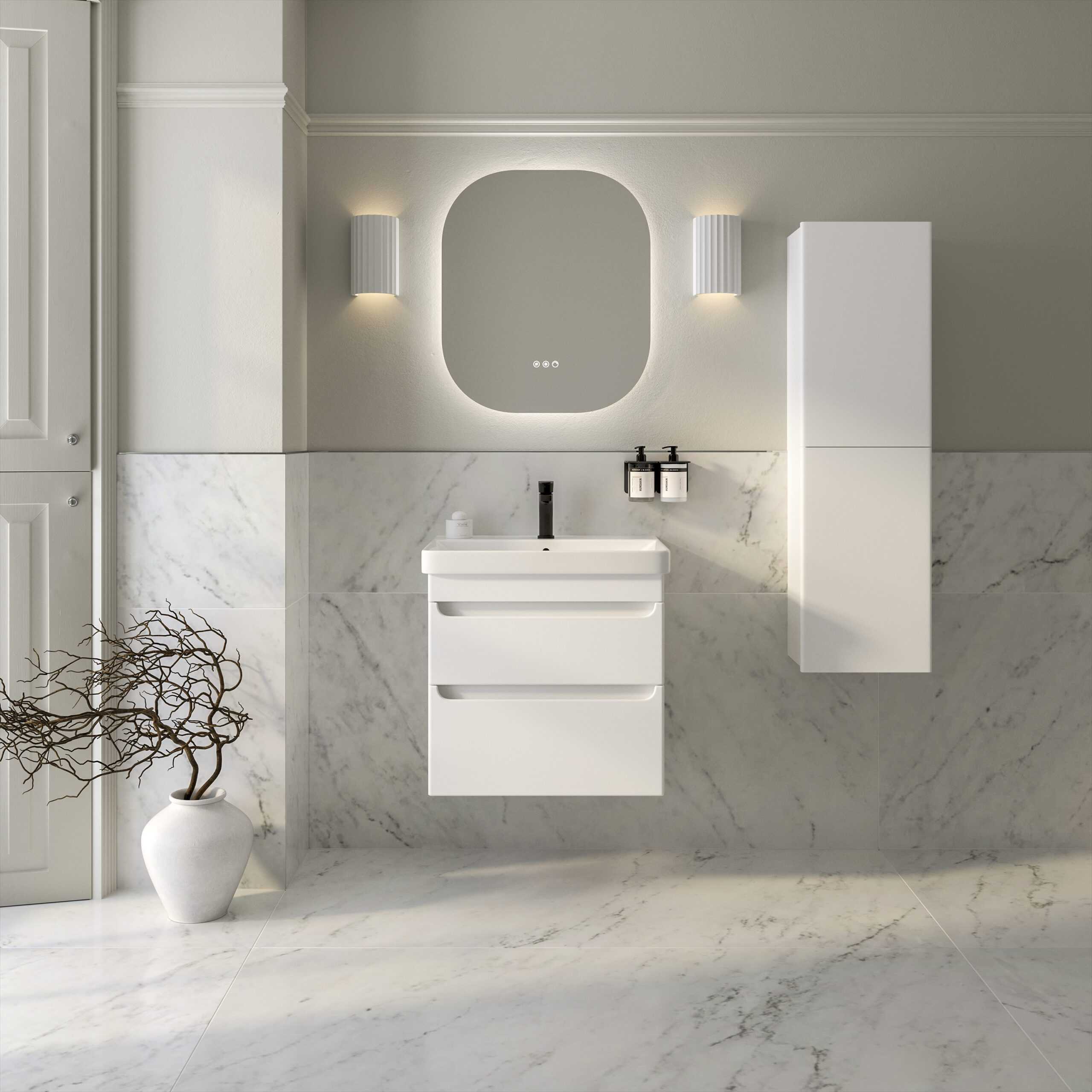 Sleek modern bathroom vanity with integrated sink, minimalist design, white finish, with marble walls and flooring, contemporary wall-mounted storage, perfect for stylish bathroom renovations.
