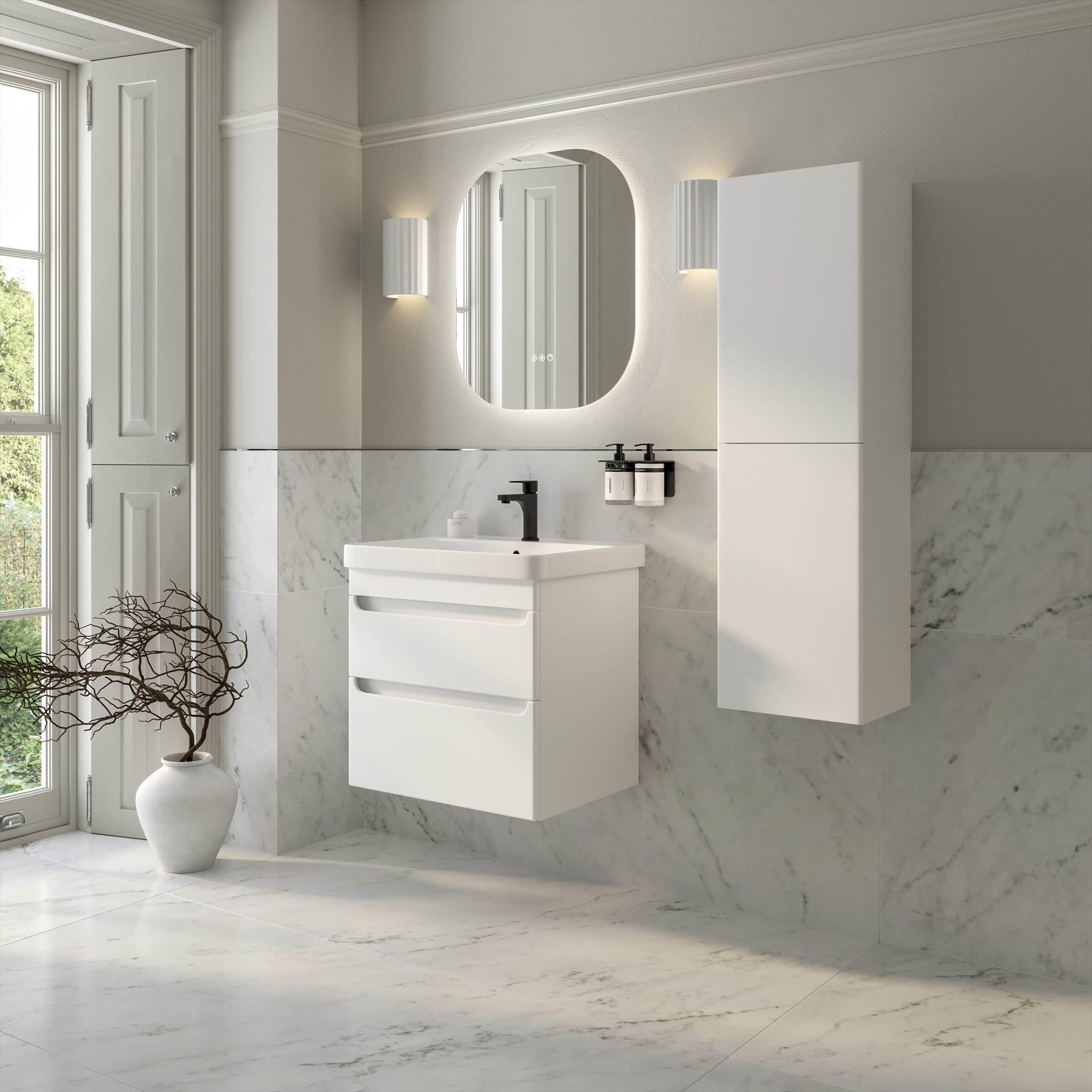 Sleek modern white bathroom vanity with integrated sink, minimalist design, and wall-mounted storage cabinet in a contemporary bathroom setting.
