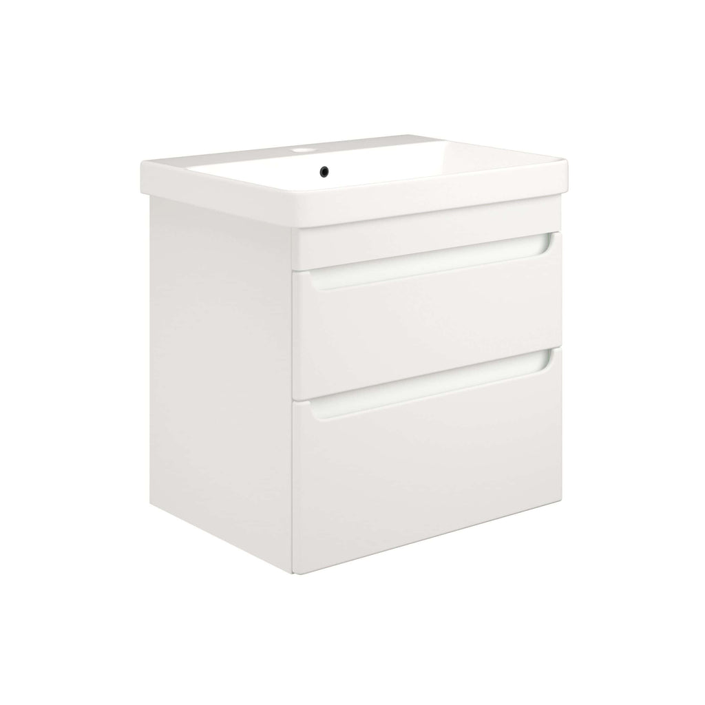 Modern white bathroom vanity unit with integrated sink, storage drawers, and sleek design for contemporary bathroom renovation. Perfect for minimalist and functional bathroom spaces.