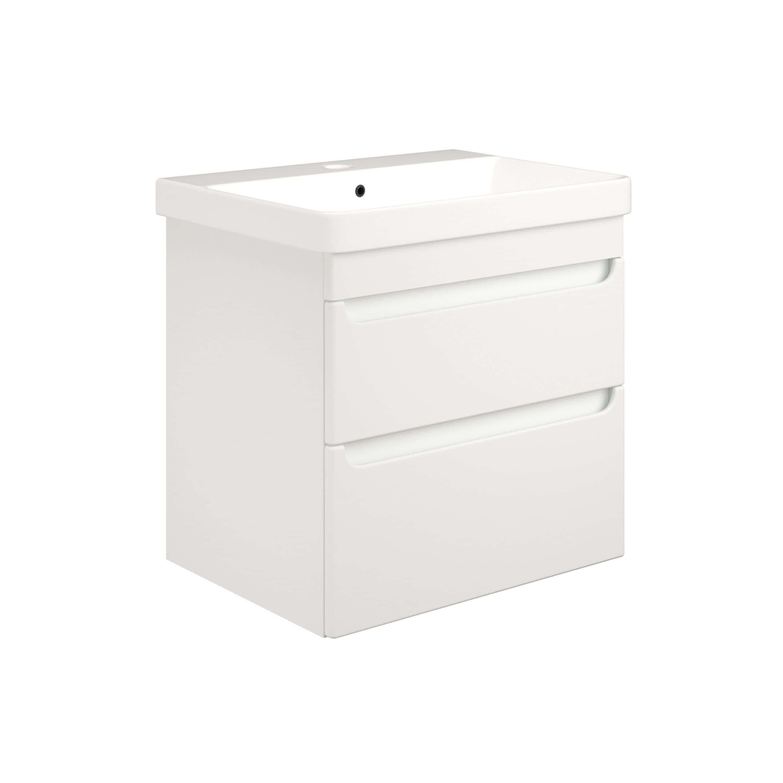 Modern white bathroom vanity unit with integrated sink, storage drawers, and sleek design for contemporary bathroom renovation. Perfect for minimalist and functional bathroom spaces.