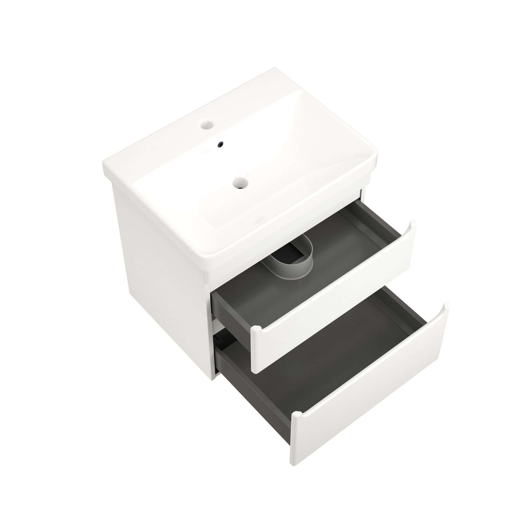 Sleek white bathroom vanity with open drawers and a built-in sink, perfect for modern bathroom storage and organisation.