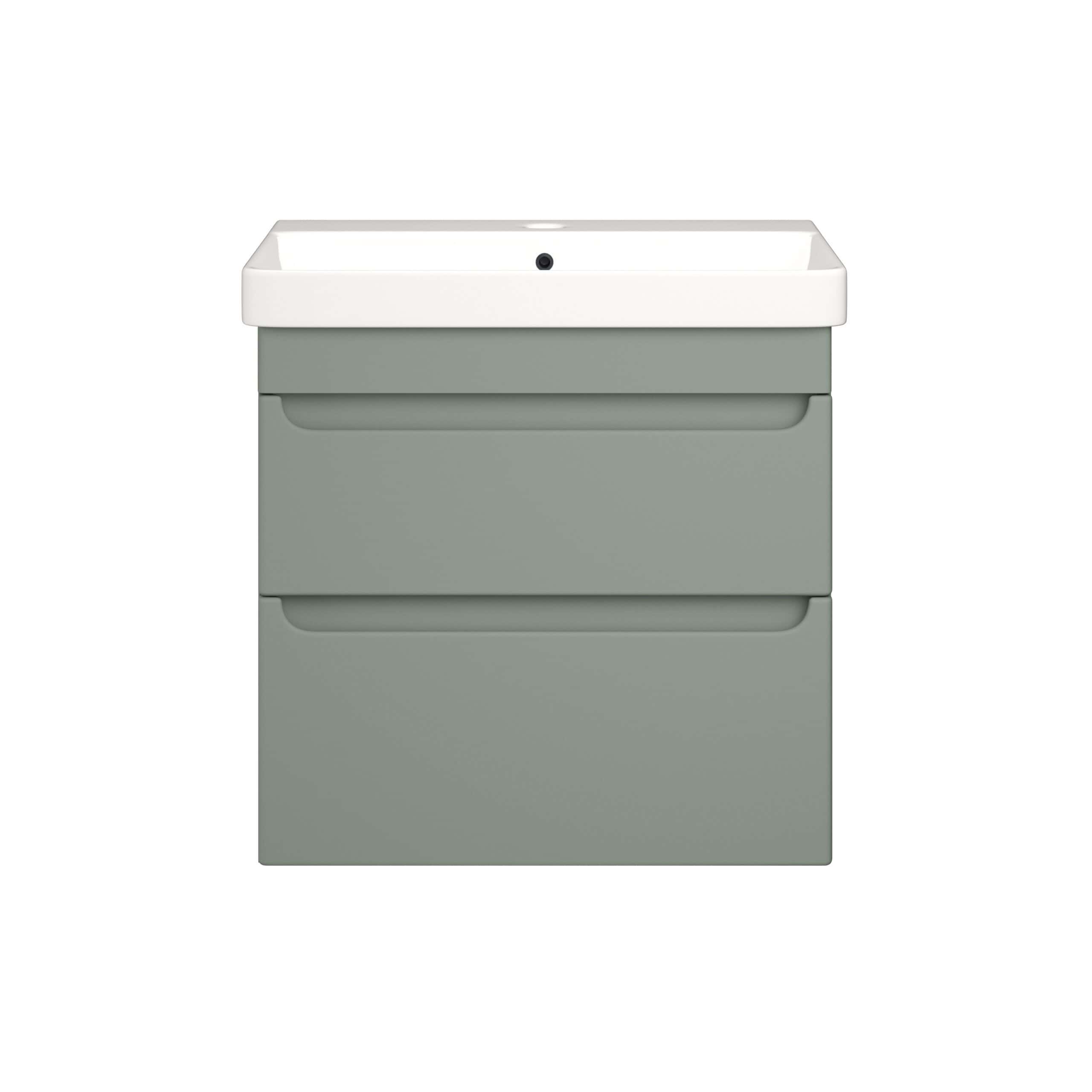 Modern grey bathroom vanity with integrated sink and sleek storage drawers for contemporary bathroom design.