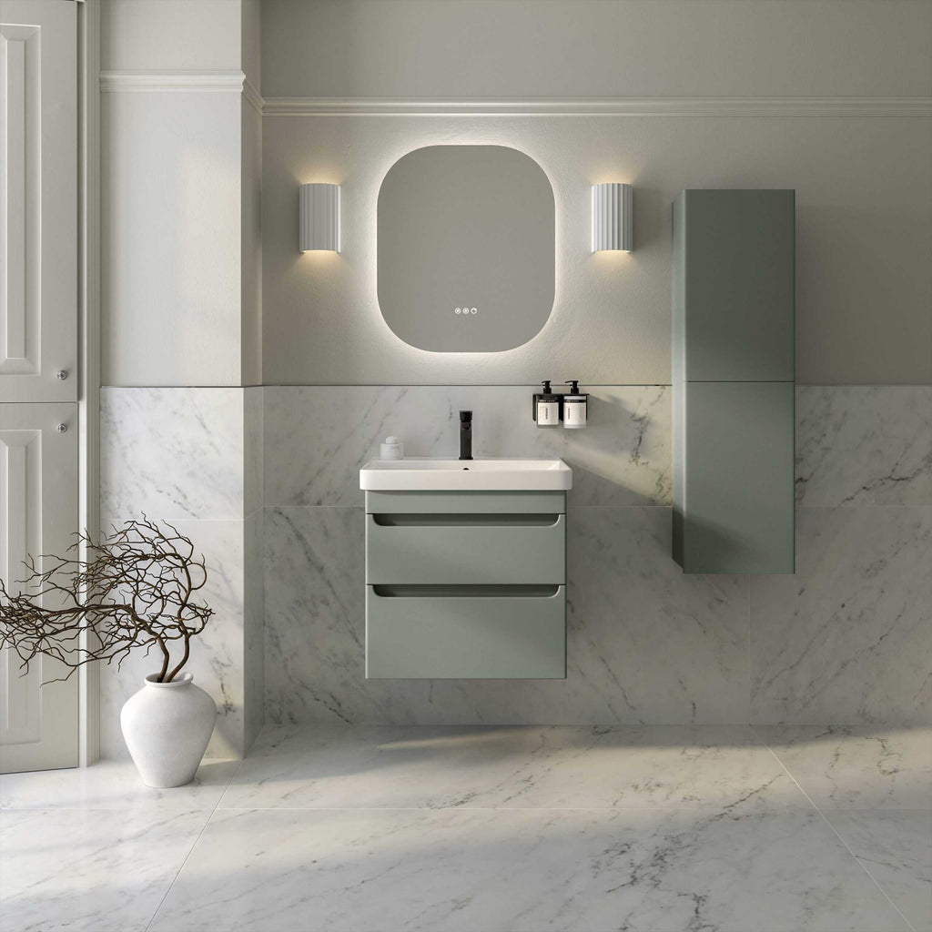 Modern minimalist bathroom with a grey vanity unit, wall-mounted storage, marble tiles, and ambient lighting, creating a sleek and stylish bathing space.