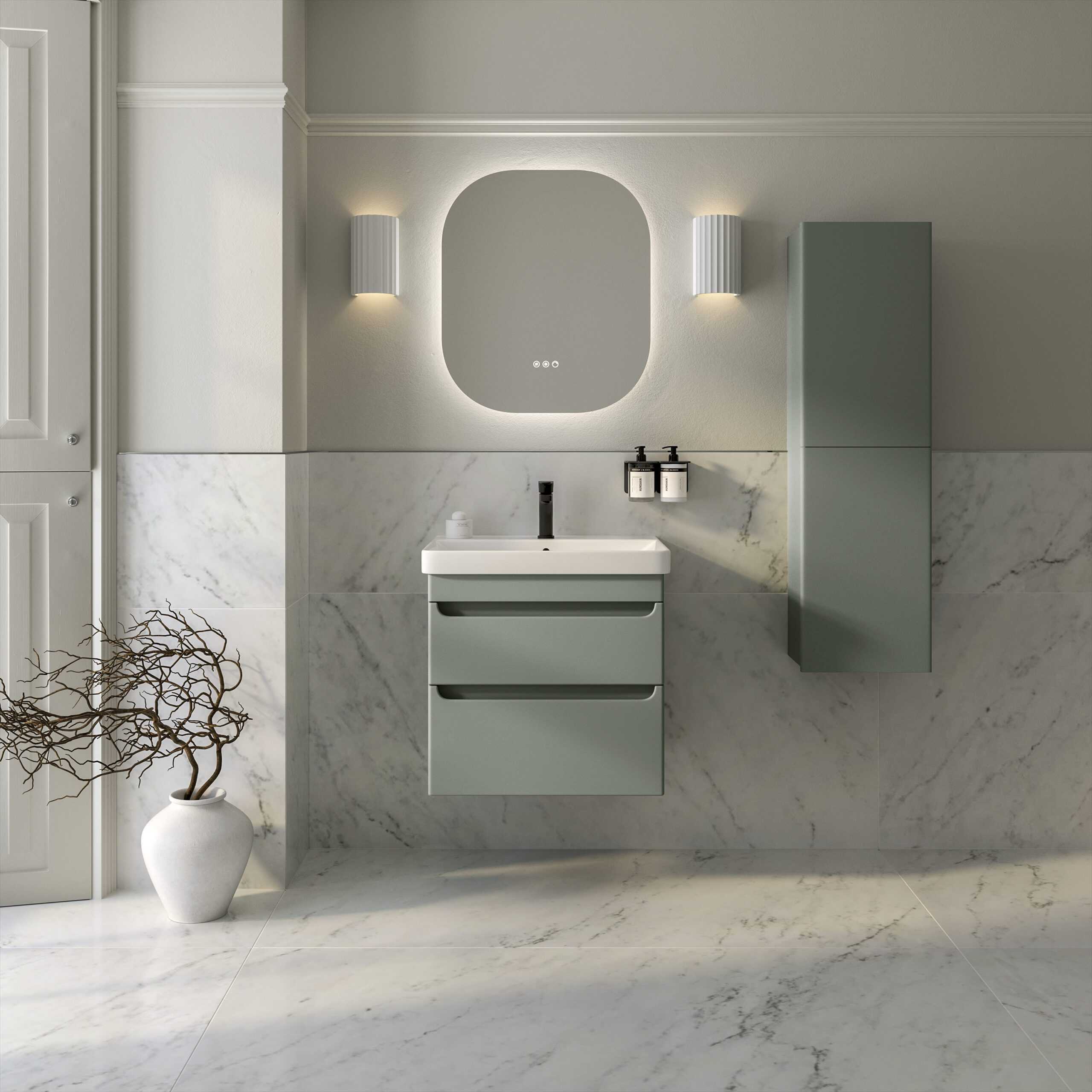 Modern minimalist bathroom with a grey vanity unit, wall-mounted storage, marble tiles, and ambient lighting, creating a sleek and stylish bathing space.