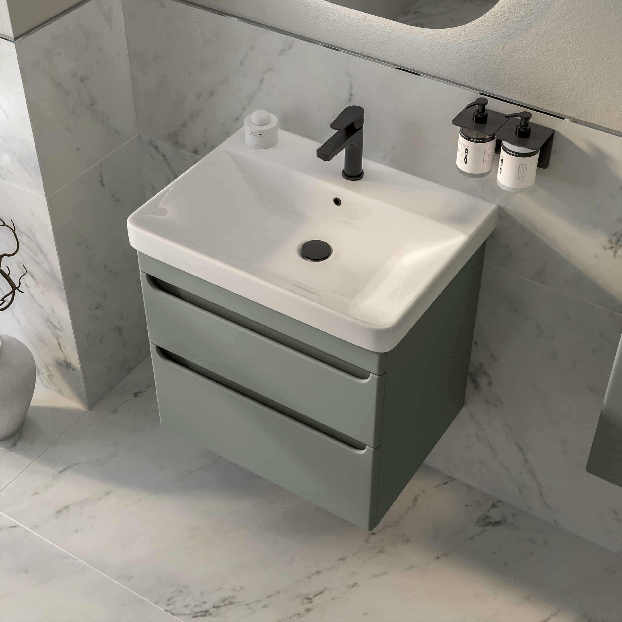 Contemporary bathroom vanity with integrated sink, matte black faucet, and storage drawers, set against marble wall and floor, ideal for modern bathroom design.