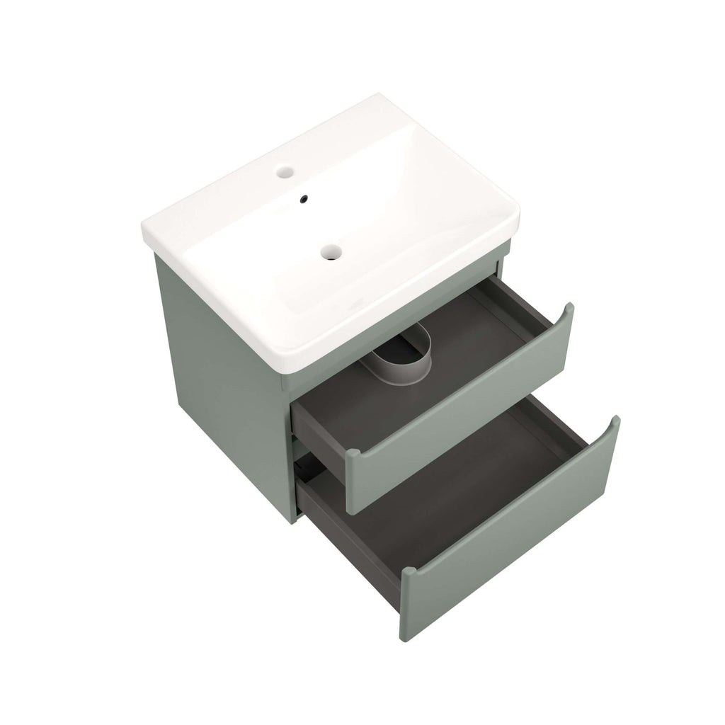 Modern grey bathroom vanity unit with integrated sink and open storage drawers, ideal for compact bathroom storage solutions. Perfect for contemporary bathroom designs.