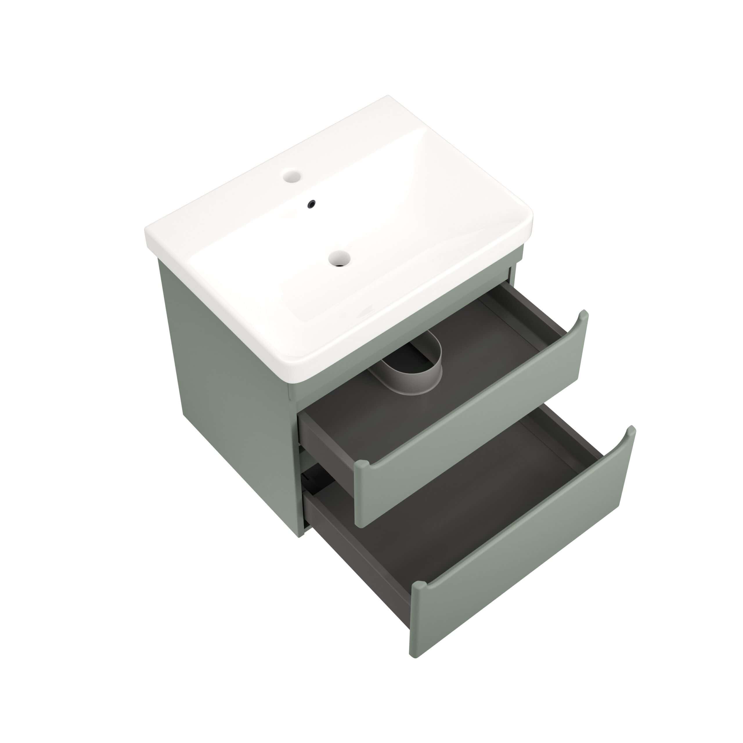 Modern grey bathroom vanity unit with integrated sink and open storage drawers, ideal for compact bathroom storage solutions. Perfect for contemporary bathroom designs.