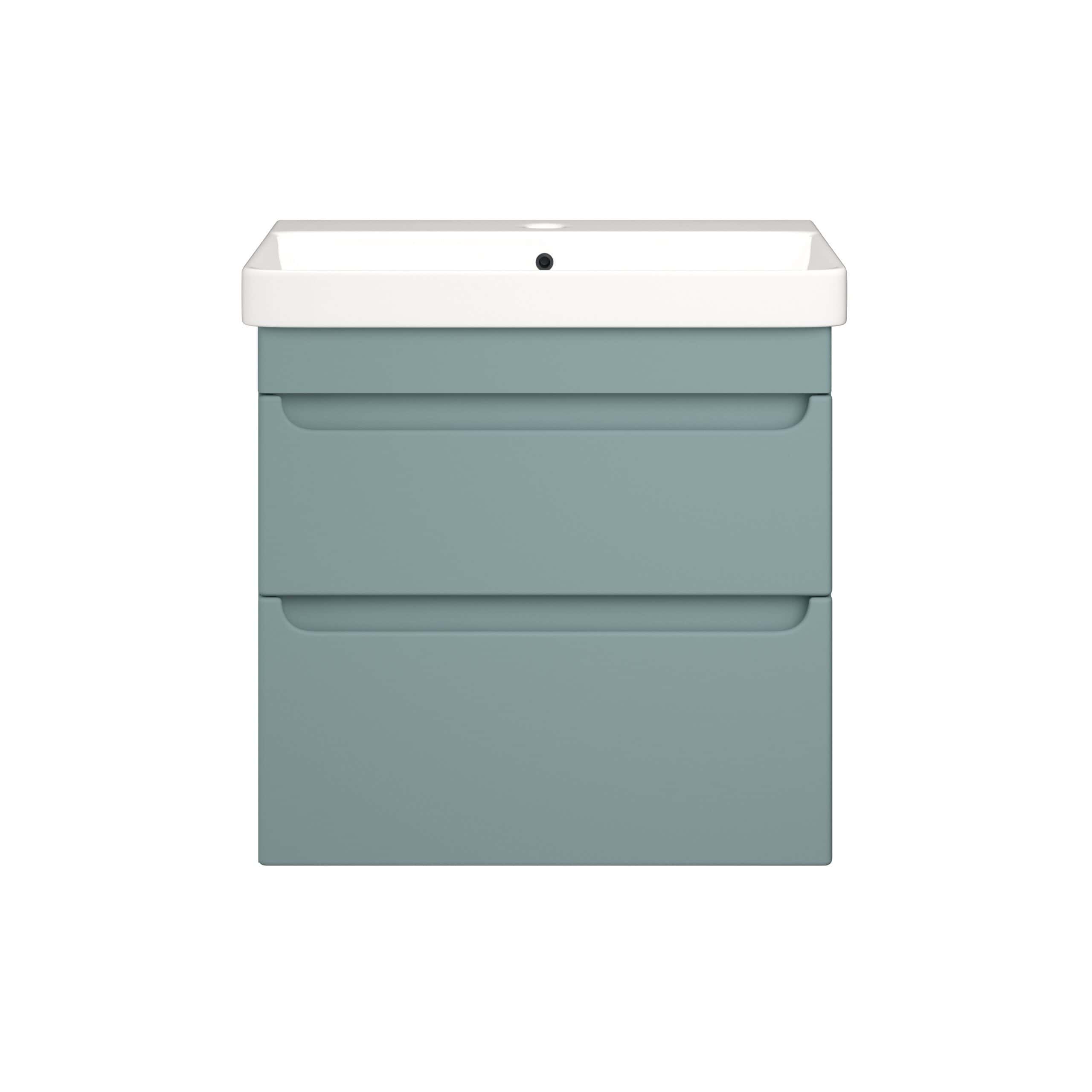 Modern grey bathroom vanity with integrated sink and concealed storage drawers, ideal for contemporary bathroom designs and space-saving solutions.