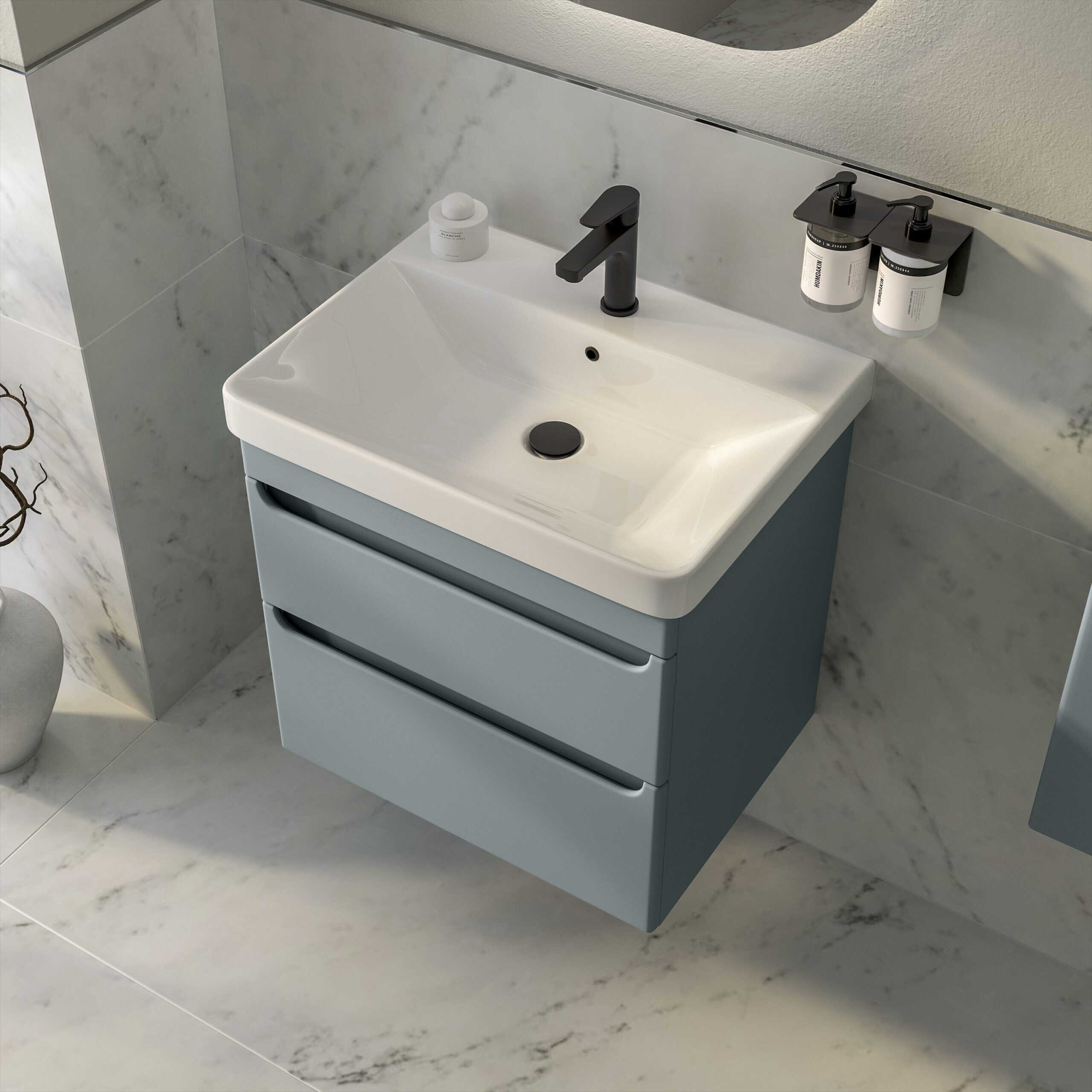 Modern bathroom sink with integrated storage, black faucet, and sleek accessories, perfect for contemporary bathrooms seeking stylish and functional fixtures.