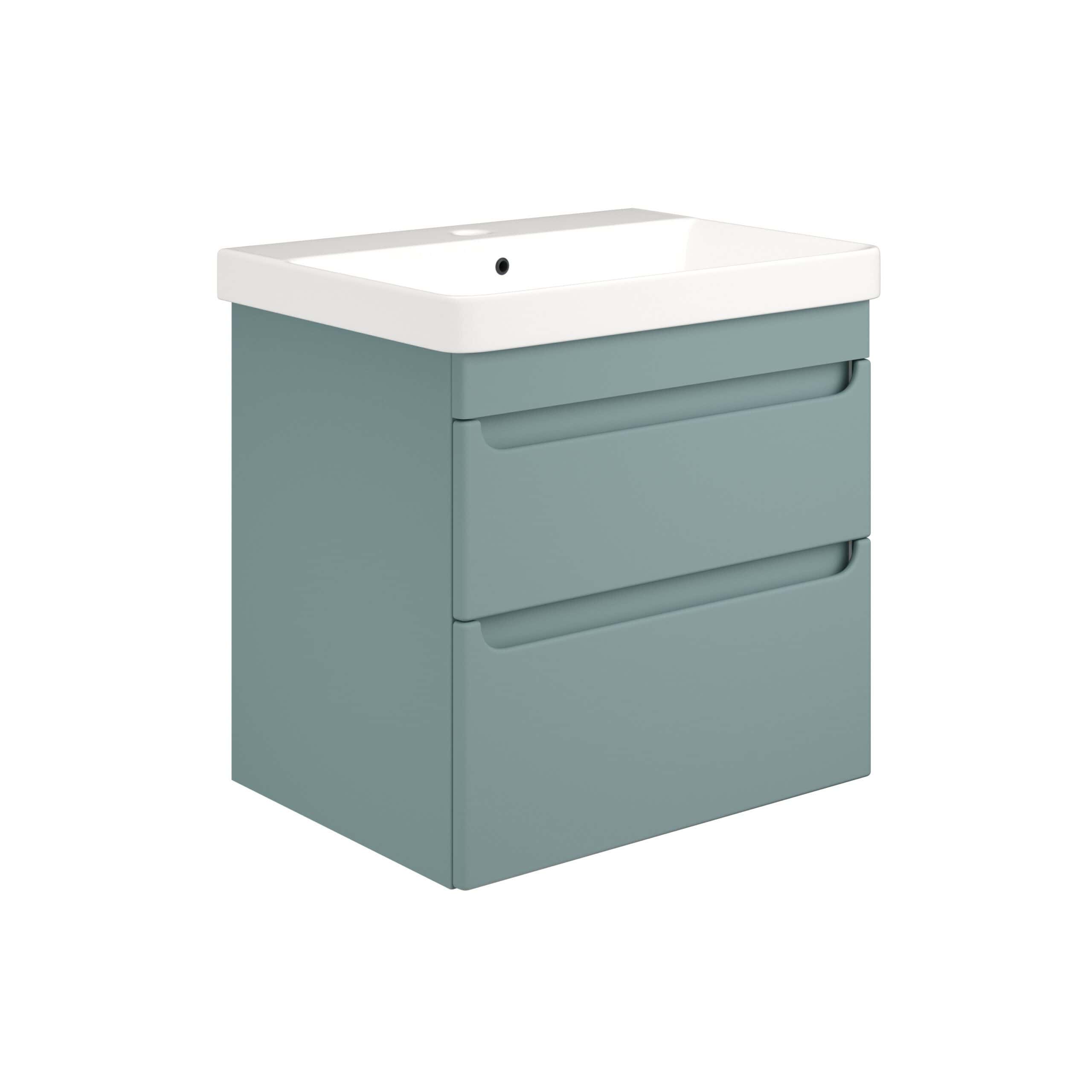 Sleek modern bathroom vanity with integrated sink and soft-close drawers in a muted grey-blue finish, ideal for contemporary bathroom interiors, offering practical storage and stylish design.