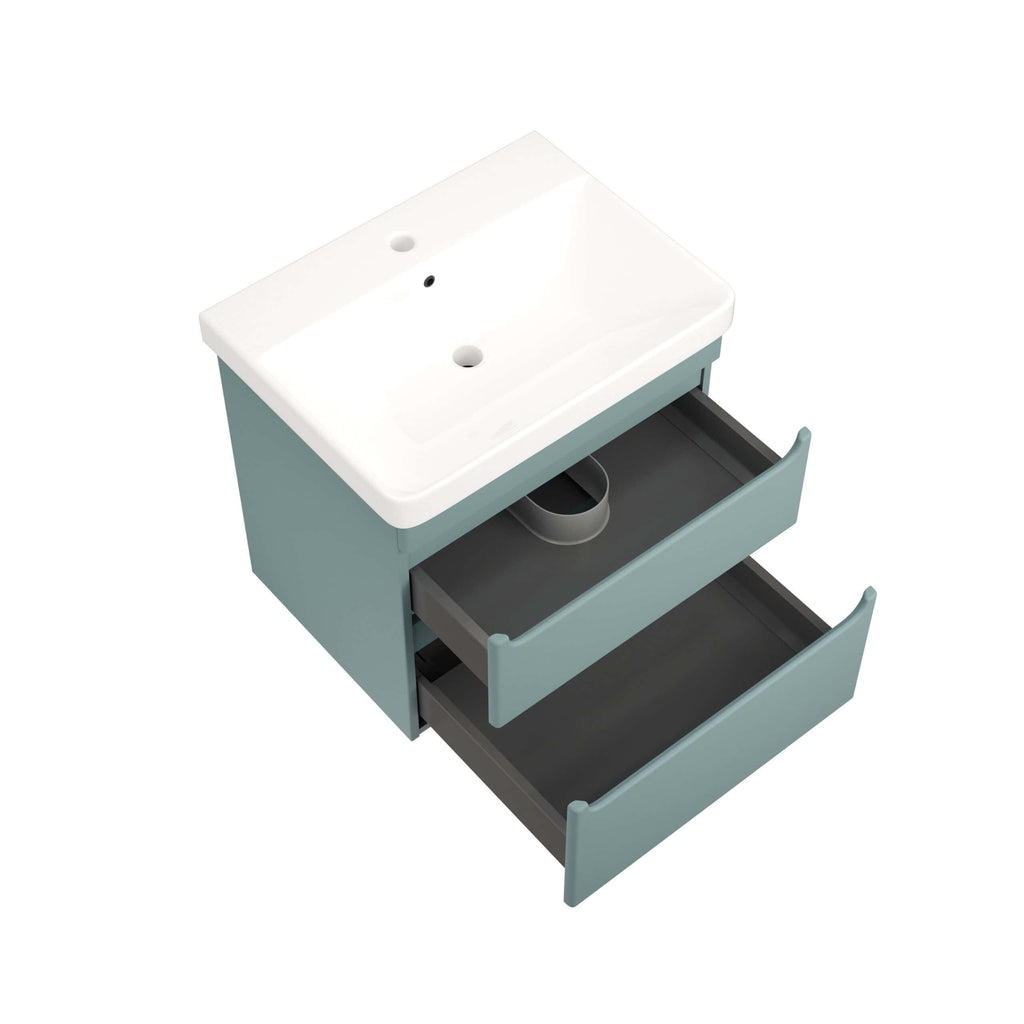 Modern bathroom vanity unit with integrated sink and open storage drawers, ideal for contemporary bathroom decor and organisation.