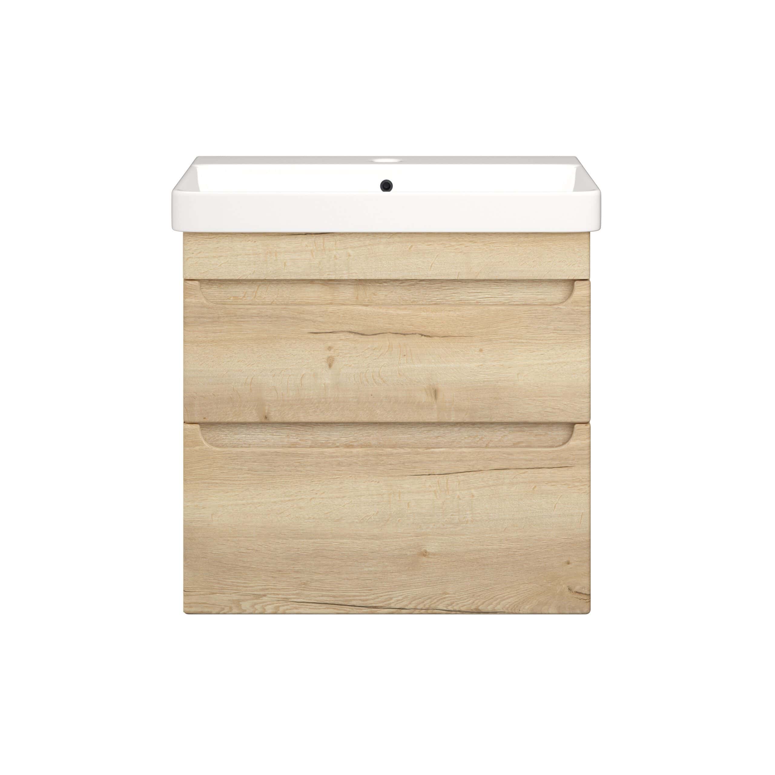 Natural wood bathroom vanity with integrated ceramic sink, modern minimalist design, ideal for contemporary bathrooms, durable oak finish, and space-saving storage.