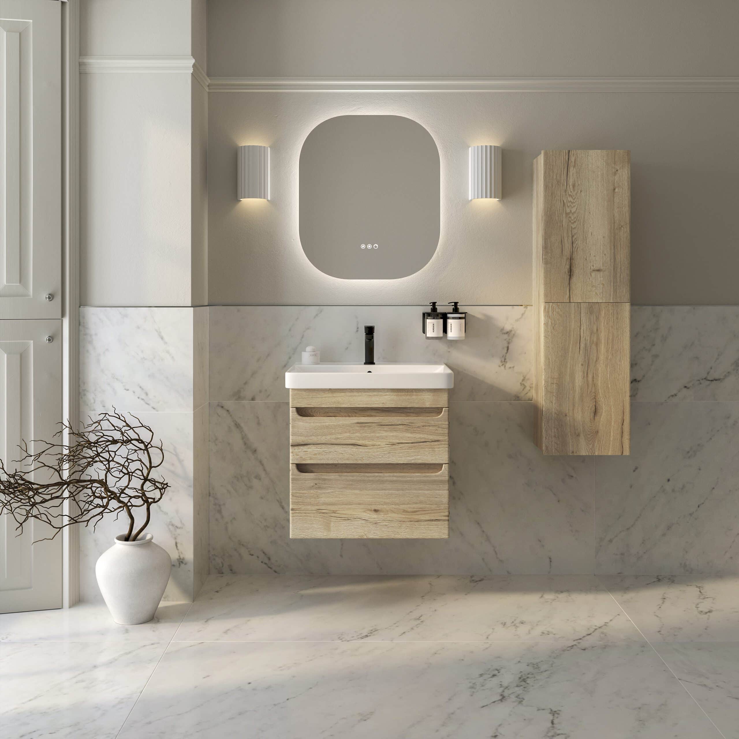 Modern minimalist bathroom with wooden vanity unit, wall-mounted cabinet, and marble tiles, featuring soft lighting and sleek fixtures, perfect for contemporary bathroom design.