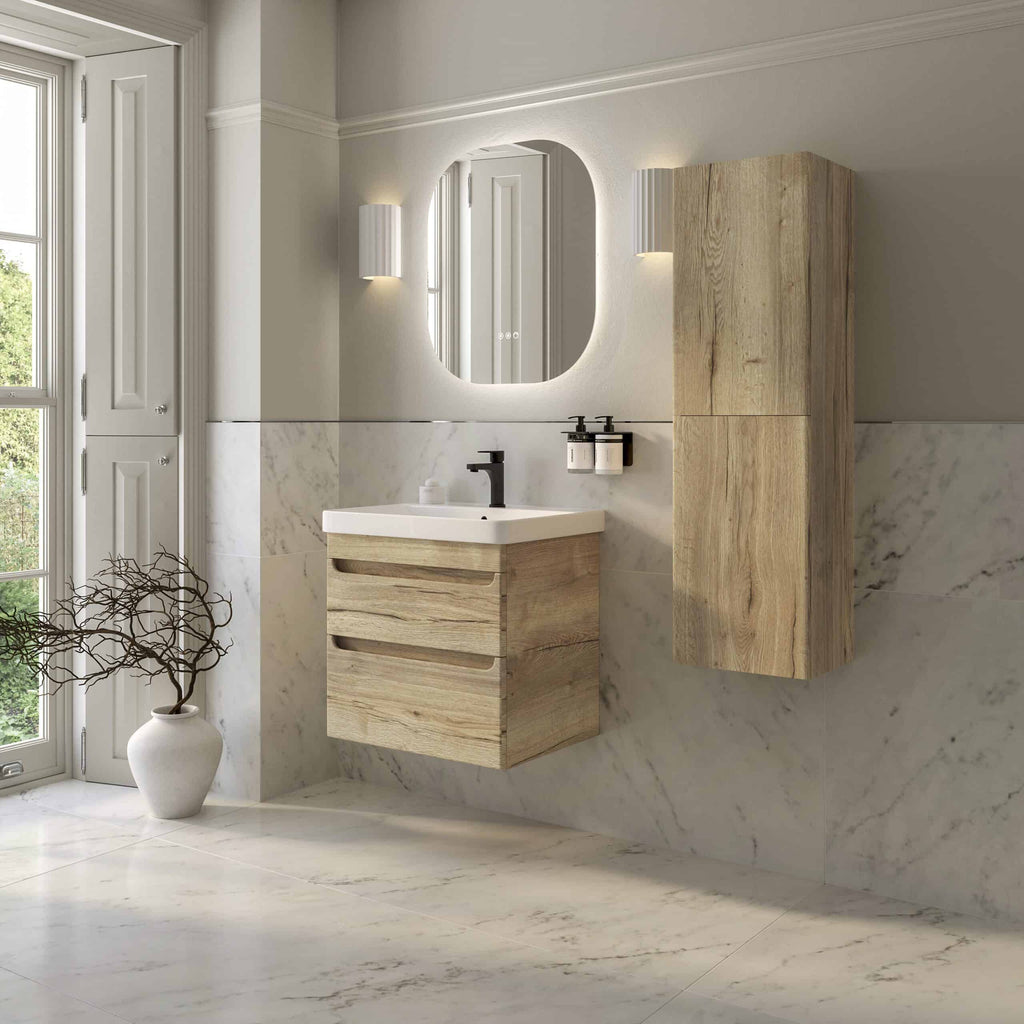 Contemporary wooden bathroom vanity unit with a white ceramic sink, wall-mounted storage cabinet, black fixtures, and a modern round backlit mirror in a bright, elegant bathroom setting.