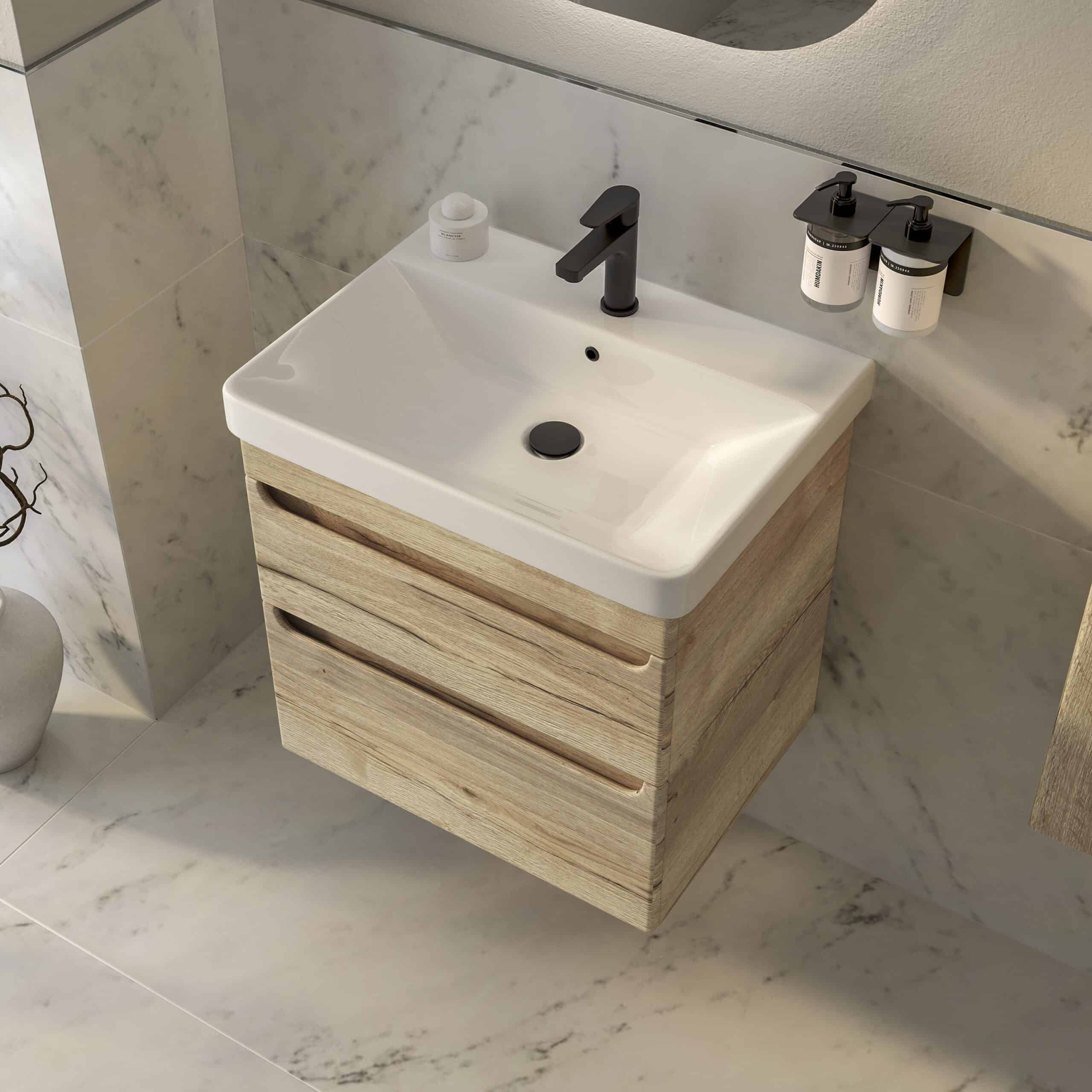 Modern bathroom vanity with a sleek white ceramic sink, black matte faucet, and wooden drawer cabinet, featuring contemporary style and practical storage solutions.