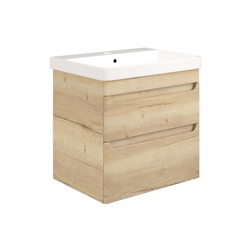 Minimalist bathroom vanity with natural wooden finish and a white ceramic sink for modern bathroom interiors. Featuring two spacious drawers for storage and sleek design.