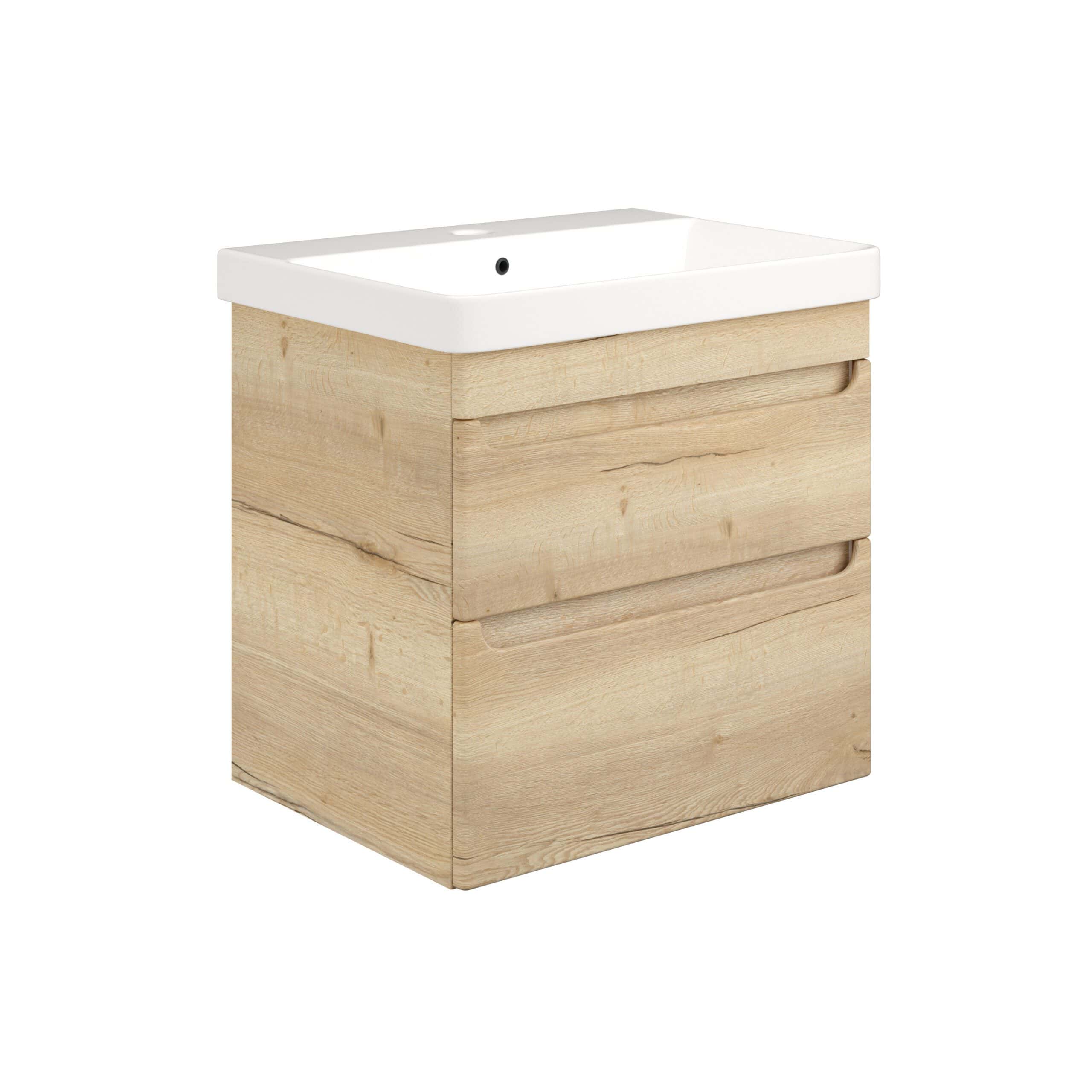 Minimalist bathroom vanity with natural wooden finish and a white ceramic sink for modern bathroom interiors. Featuring two spacious drawers for storage and sleek design.