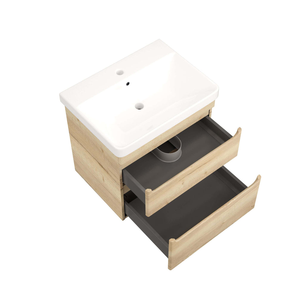 Modern bathroom vanity with ceramic sink and open storage drawers, ideal for contemporary bathroom interiors. Featuring a natural wood finish with grey drawer fronts for a sleek, functional look.