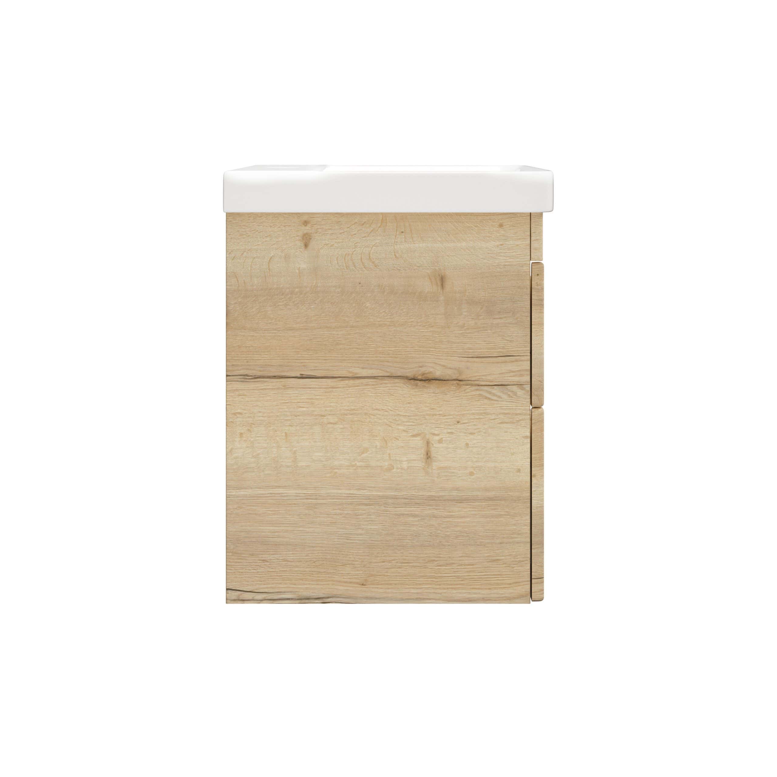 Minimalist bathroom vanity with natural wood finish and white ceramic sink, ideal for modern bathroom designs. Durable, stylish storage solution for a clean and organised space.