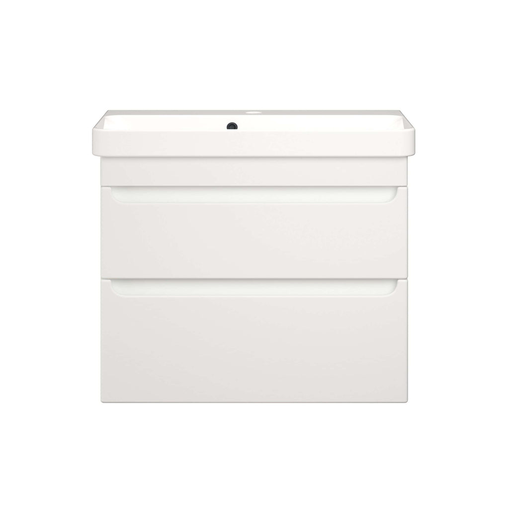 Sleek white bathroom vanity with integrated sink and storage drawers, ideal for modern bathroom decor and organisation. Perfect for bathroom renovations and contemporary design.