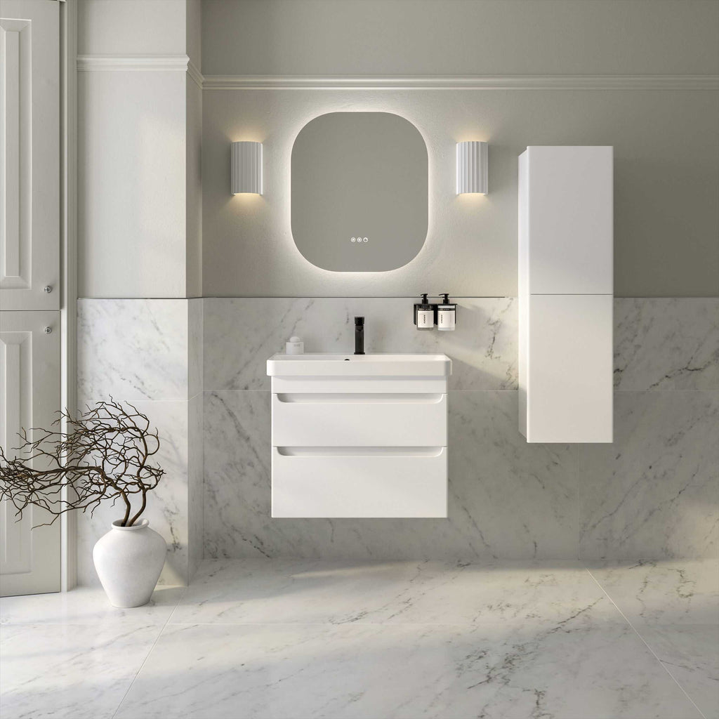 Sleek modern bathroom vanity with black fixtures, marble tiles, and minimalist decor, showcasing contemporary bathroom design by Bubly Bathrooms.