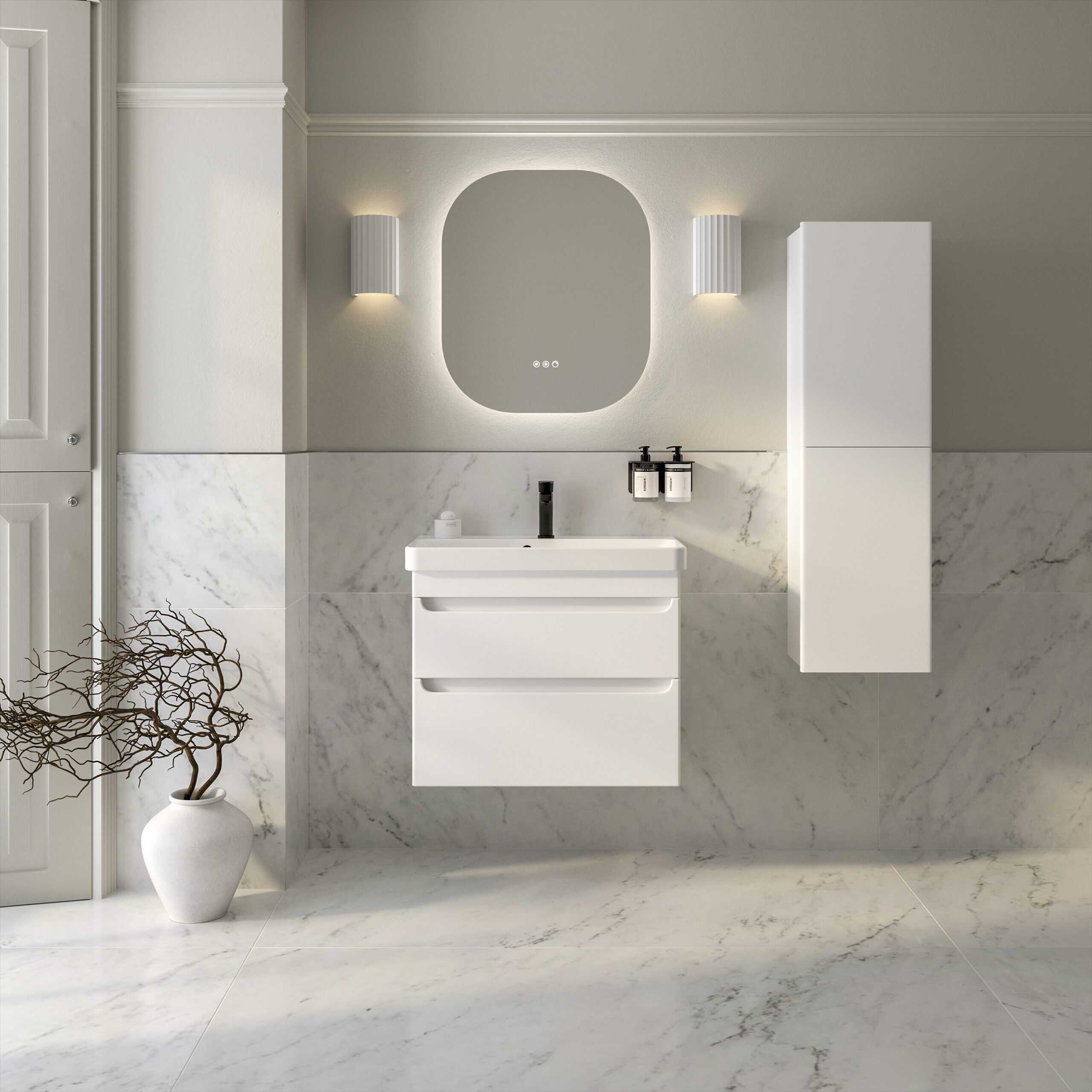 Sleek modern bathroom vanity with black fixtures, marble tiles, and minimalist decor, showcasing contemporary bathroom design by Bubly Bathrooms.