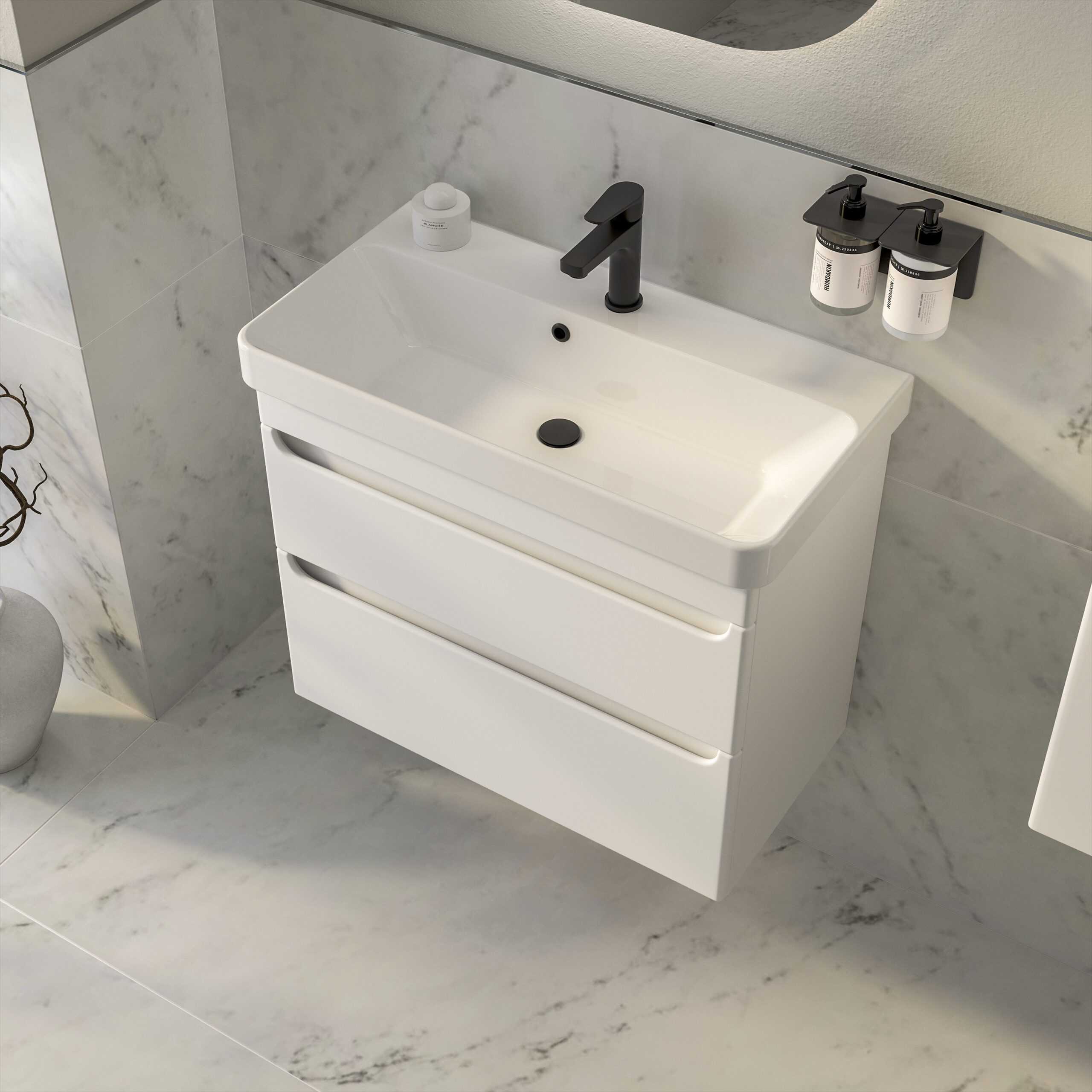 Sleek modern white bathroom vanity with integrated sink, black tap, and storage drawers, perfect for contemporary bathroom designs.