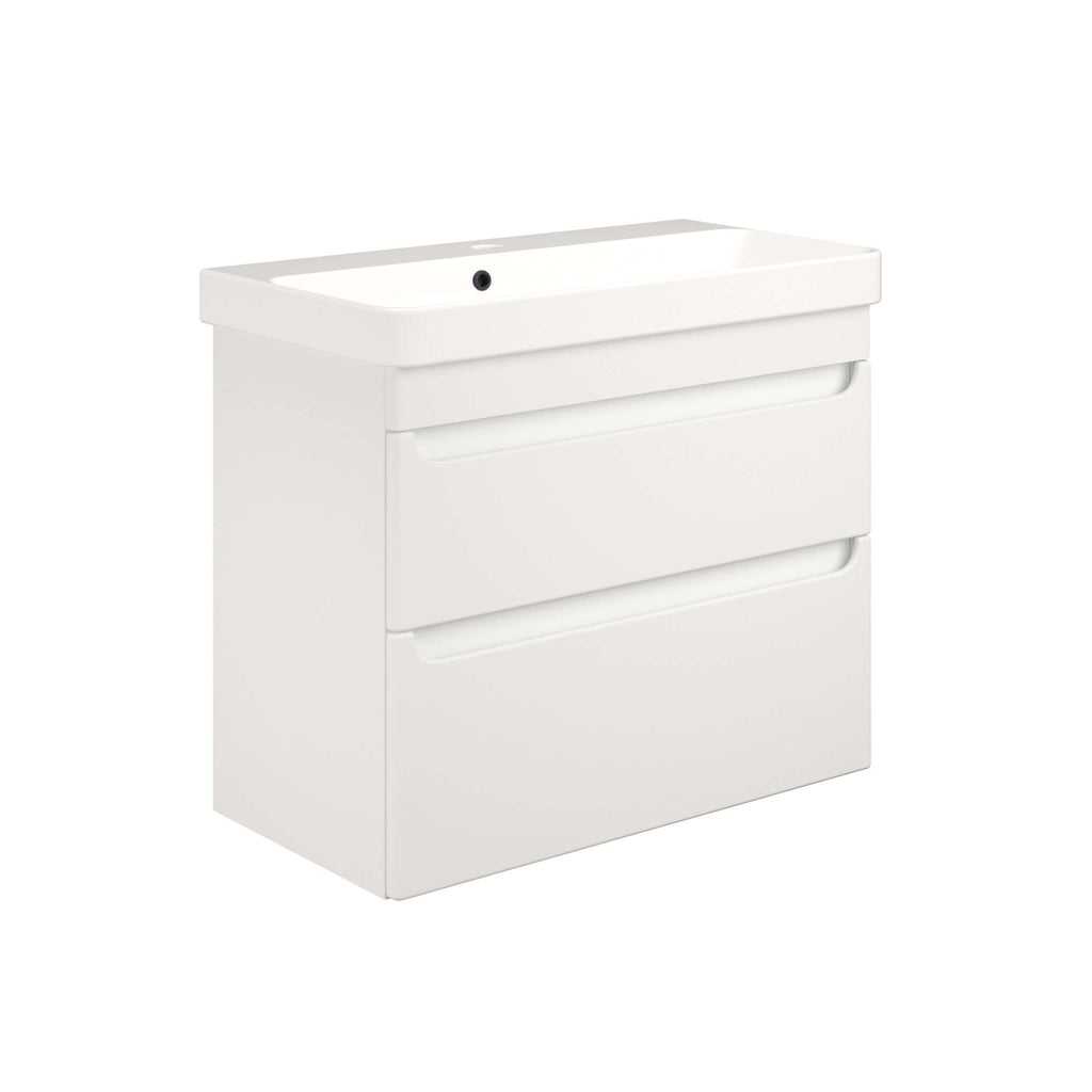 Sleek white bathroom vanity with integrated sink, modern storage drawers, and minimalist design, ideal for contemporary bathrooms seeking elegant functionality and space optimisation.