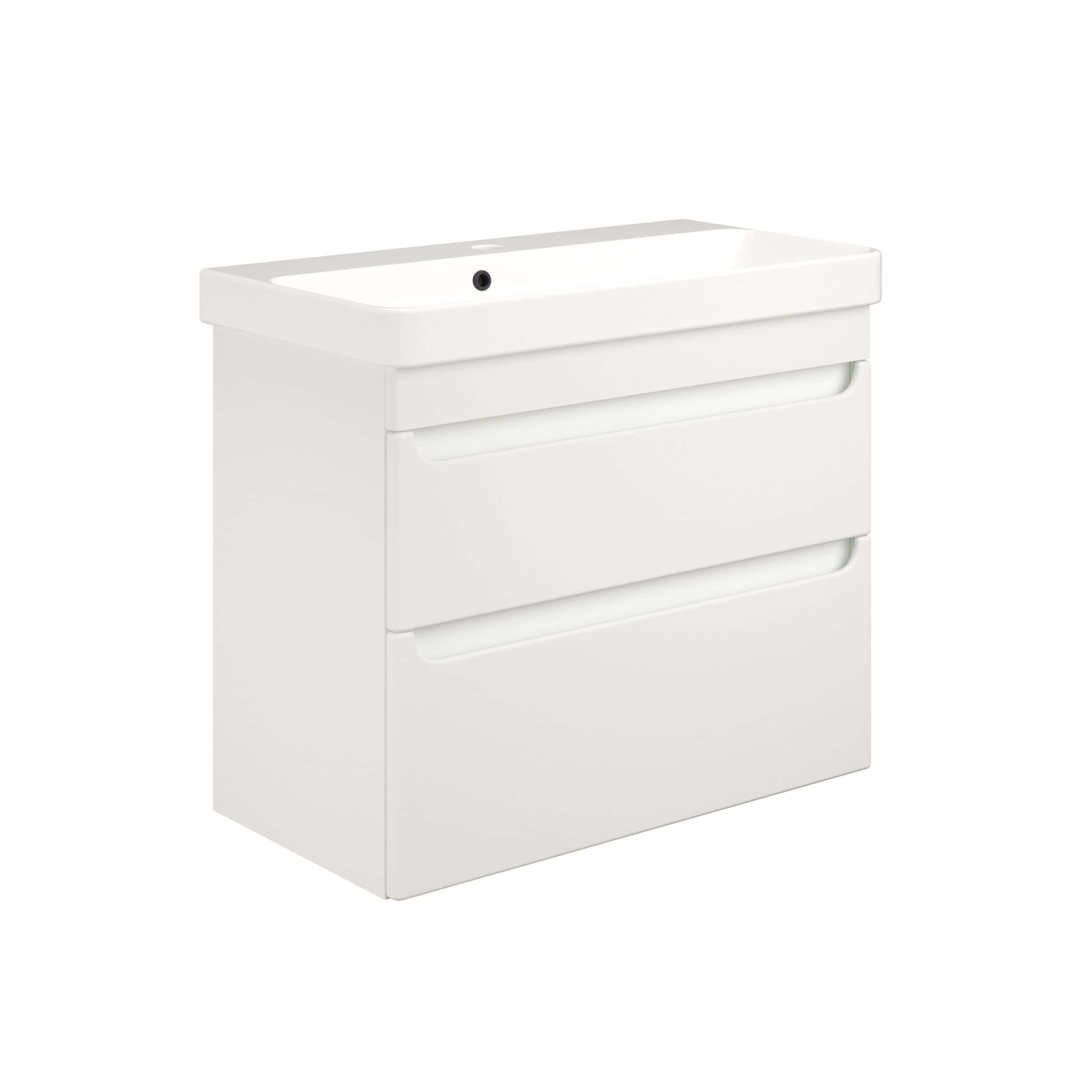 Sleek white bathroom vanity with integrated sink, modern storage drawers, and minimalist design, ideal for contemporary bathrooms seeking elegant functionality and space optimisation.