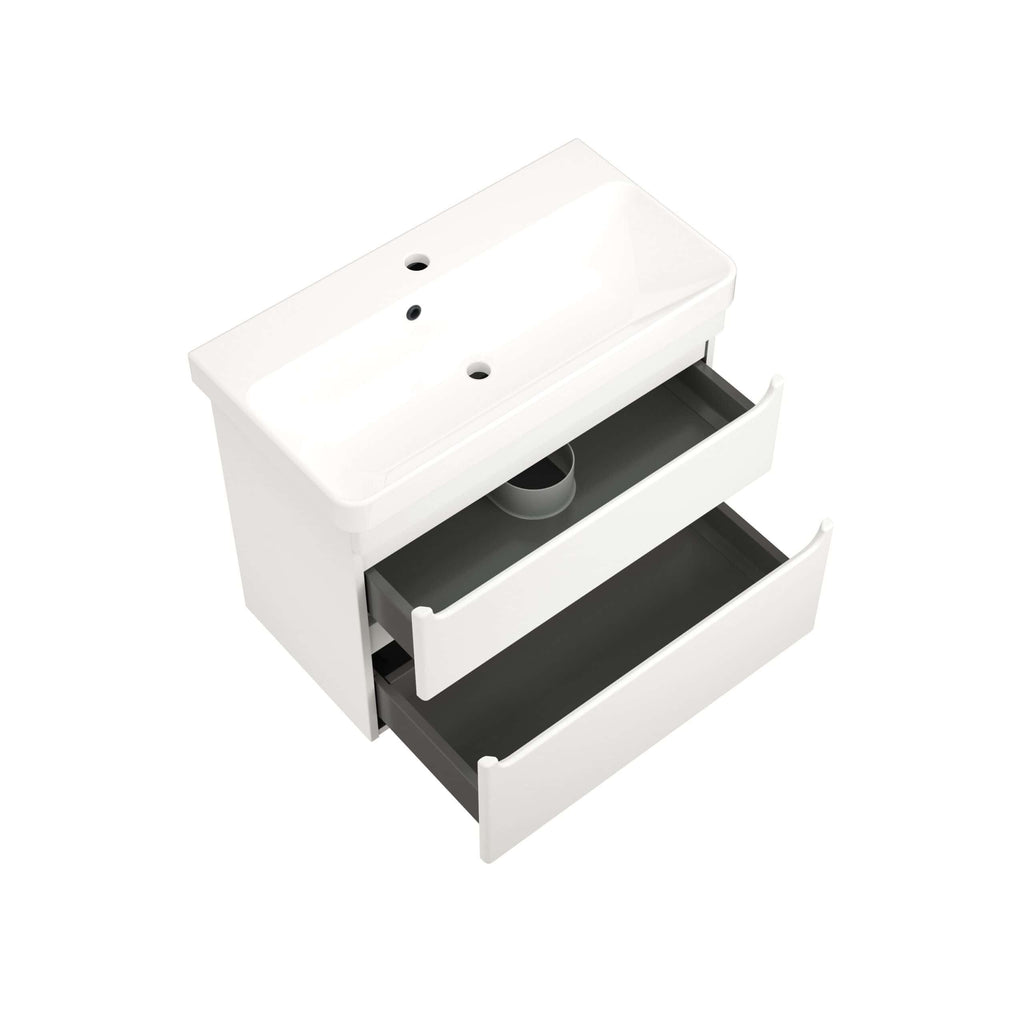 Contemporary white bathroom vanity with integrated sink, two open storage drawers, and black interior accents, ideal for modern bathroom organisation and design.