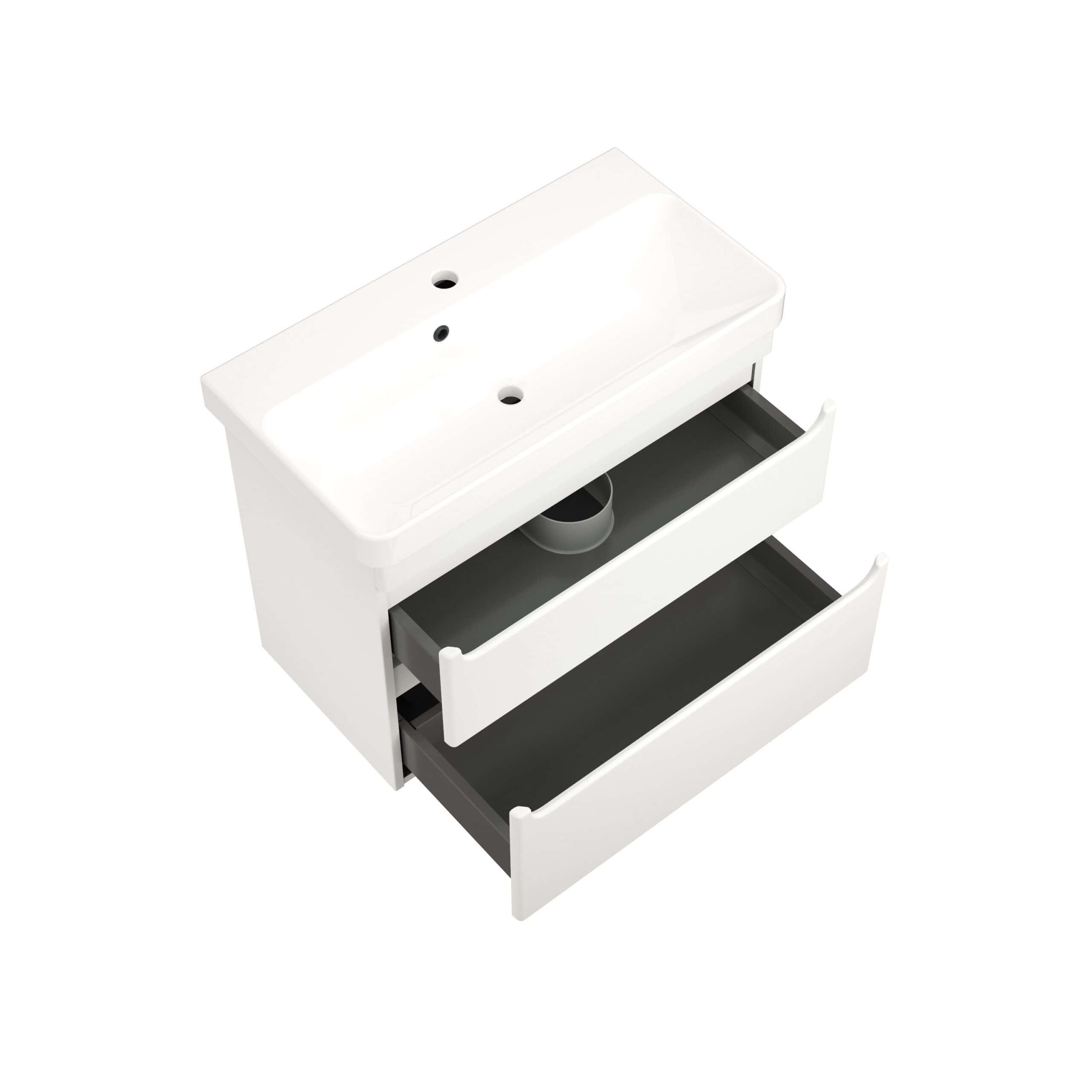 Contemporary white bathroom vanity with integrated sink, two open storage drawers, and black interior accents, ideal for modern bathroom organisation and design.