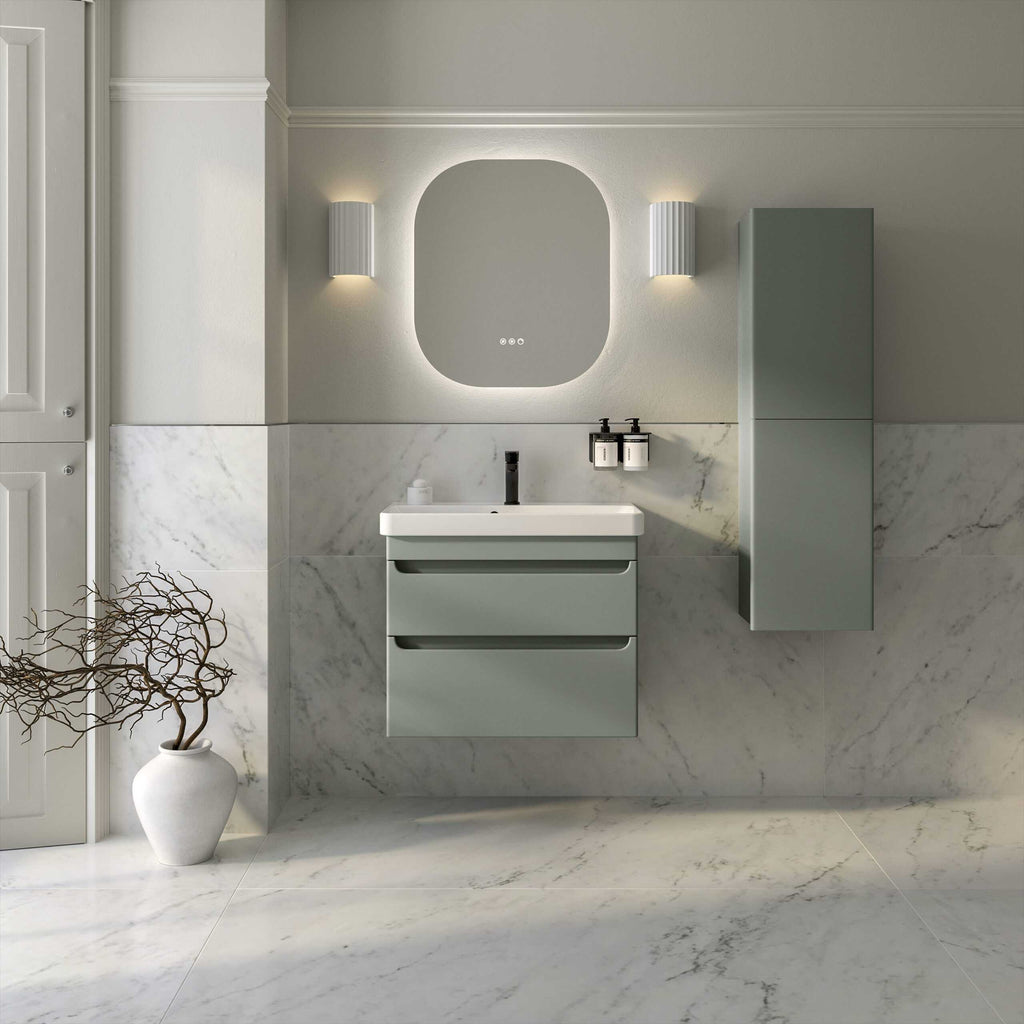 Sleek modern bathroom vanity with a matching wall-mounted cabinet, featuring minimalist design, soft green finish, and marble walls and flooring, ideal for contemporary Bubly bathrooms.