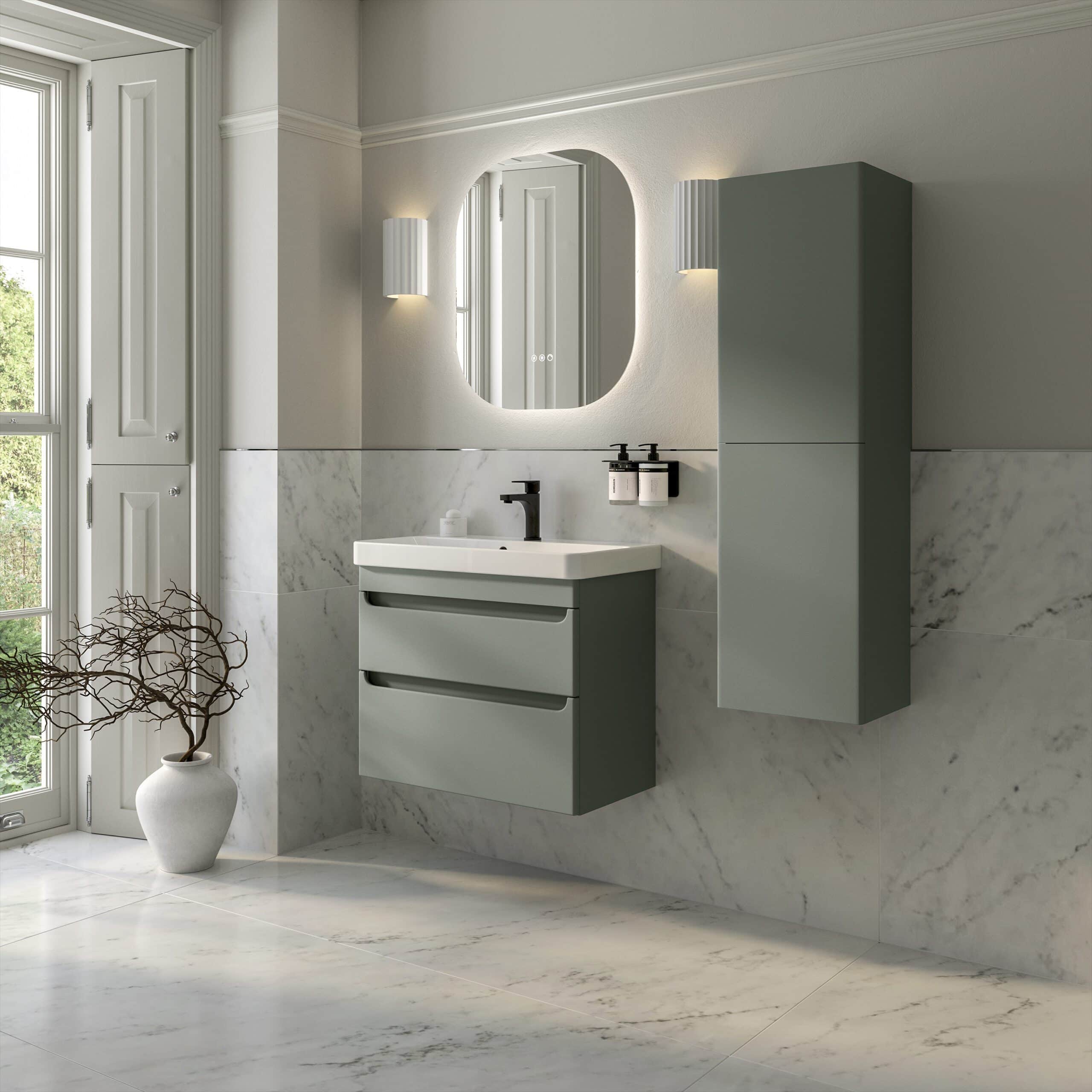 Modern grey bathroom vanity with integrated sink, wall-mounted storage cabinet, and illuminated mirror in a contemporary bathroom setting. Designed for stylish and functional bathroom storage solutions.