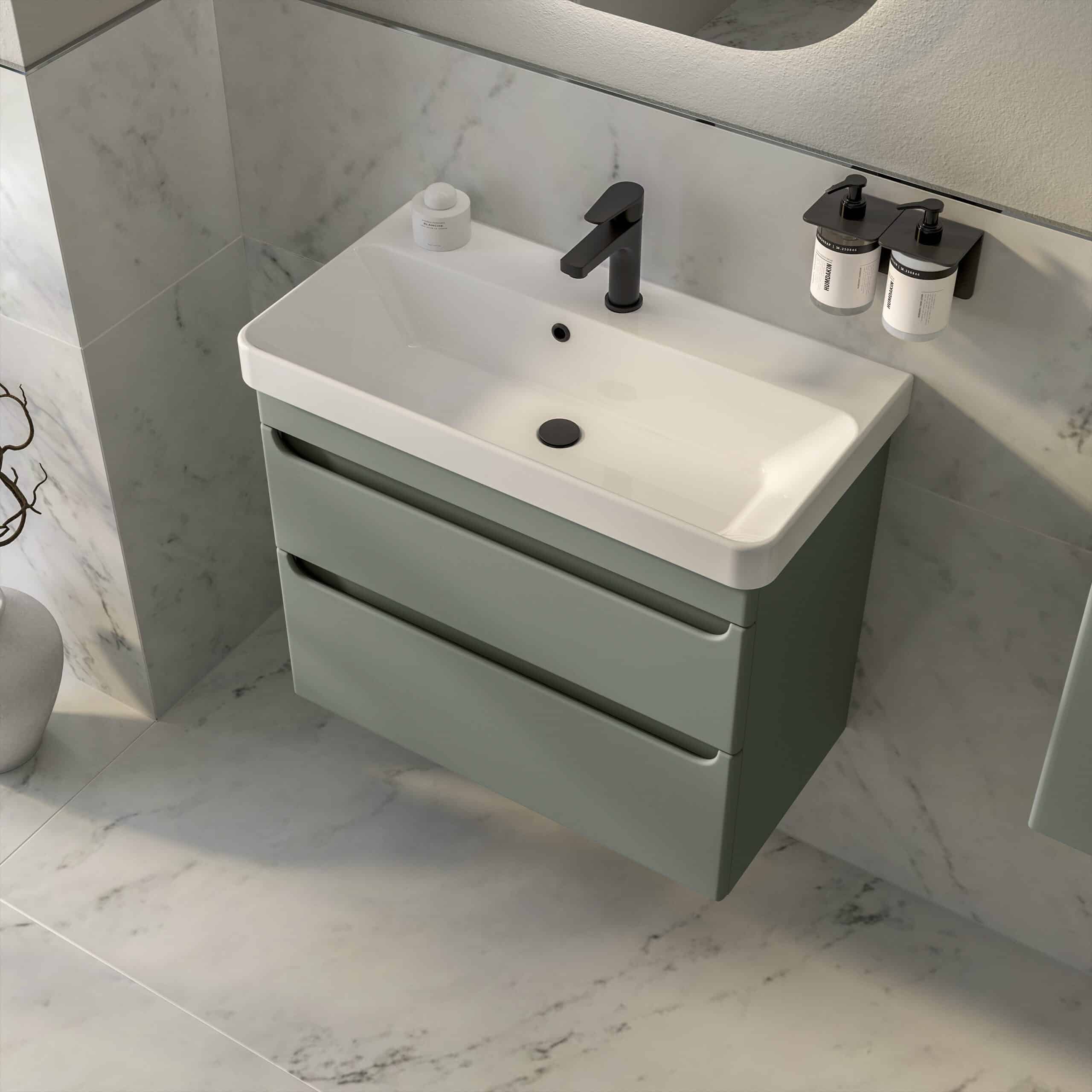 Modern wall-mounted bathroom vanity with integrated sink, sleek black faucet, and grey drawers in a contemporary bathroom setting.