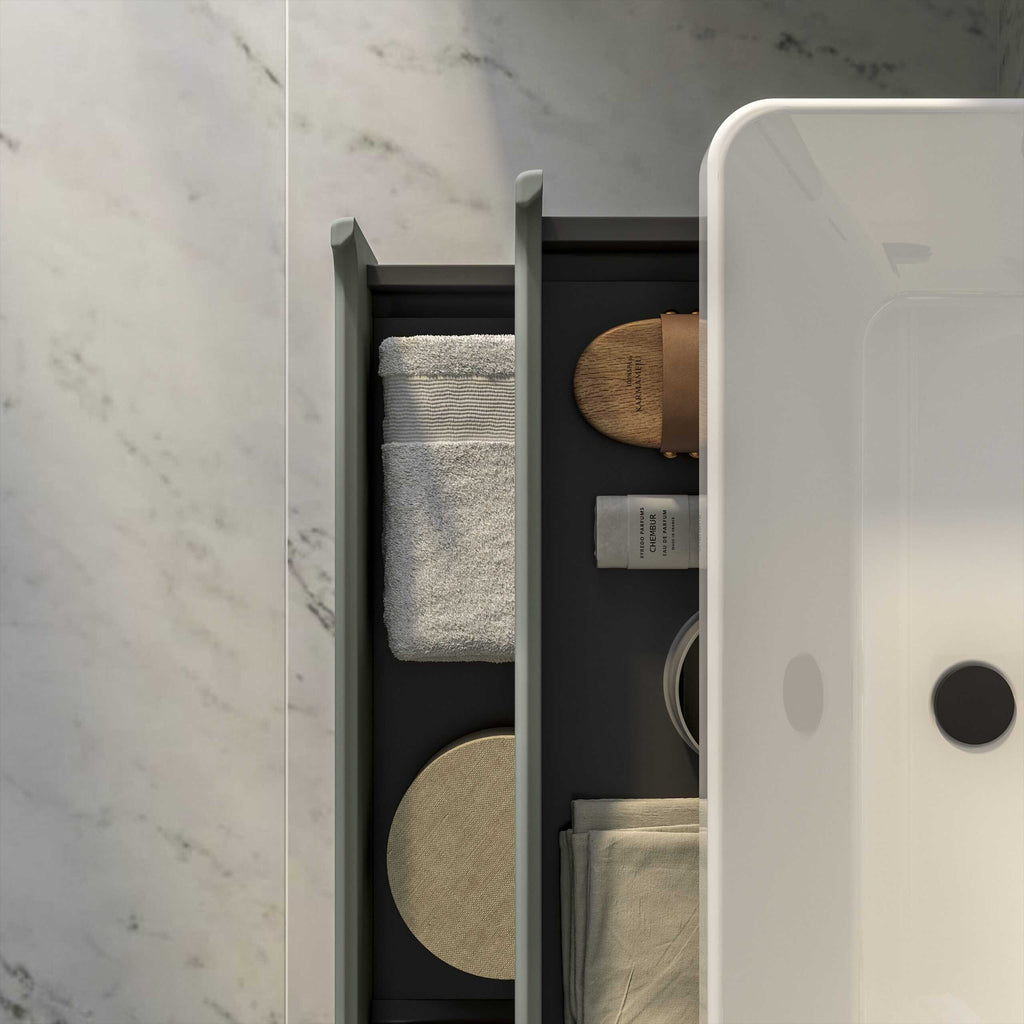 Closet drawer with bathroom supplies and towels promoting modern bathroom storage solutions for Bubly Bathrooms in the UK.