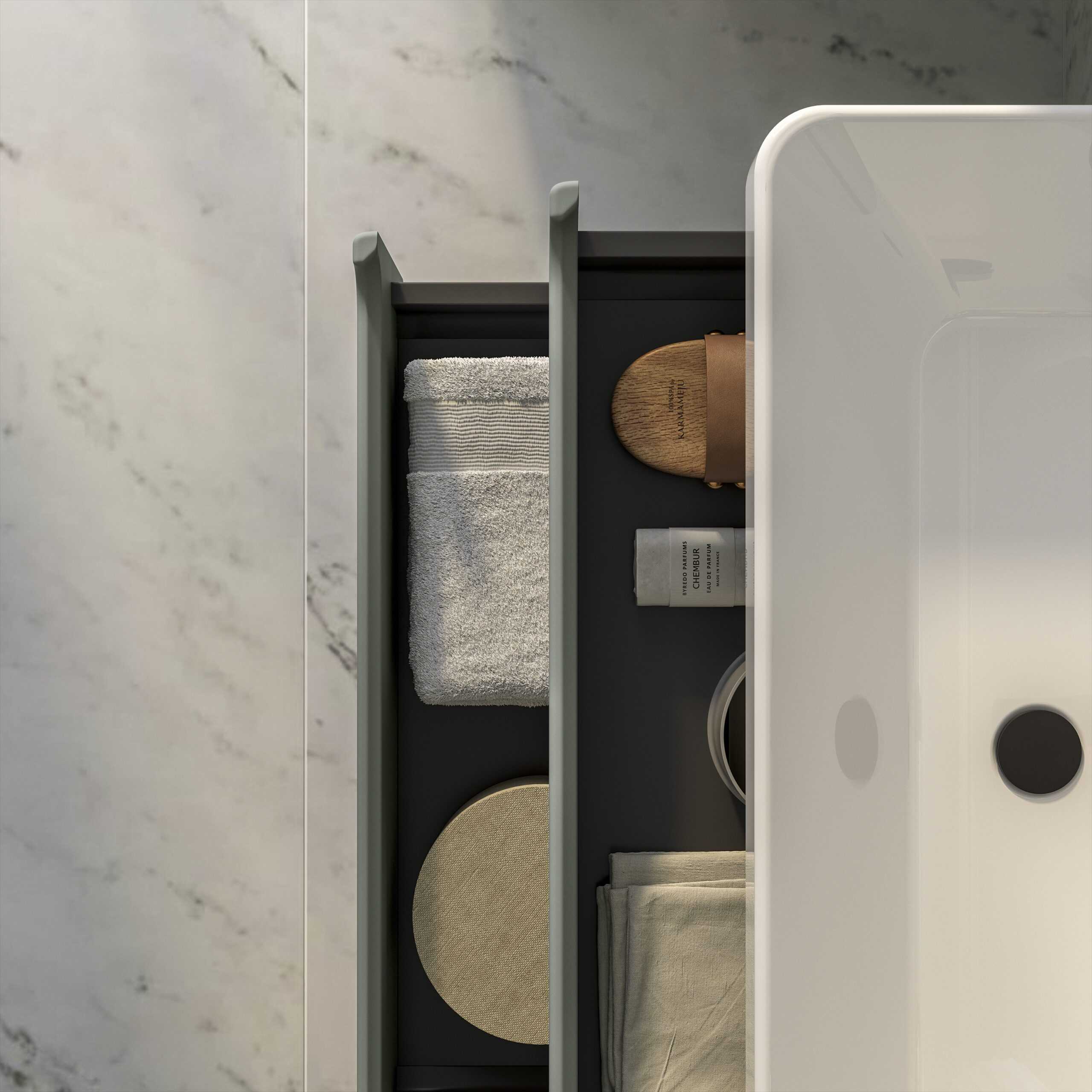 Closet drawer with bathroom supplies and towels promoting modern bathroom storage solutions for Bubly Bathrooms in the UK.