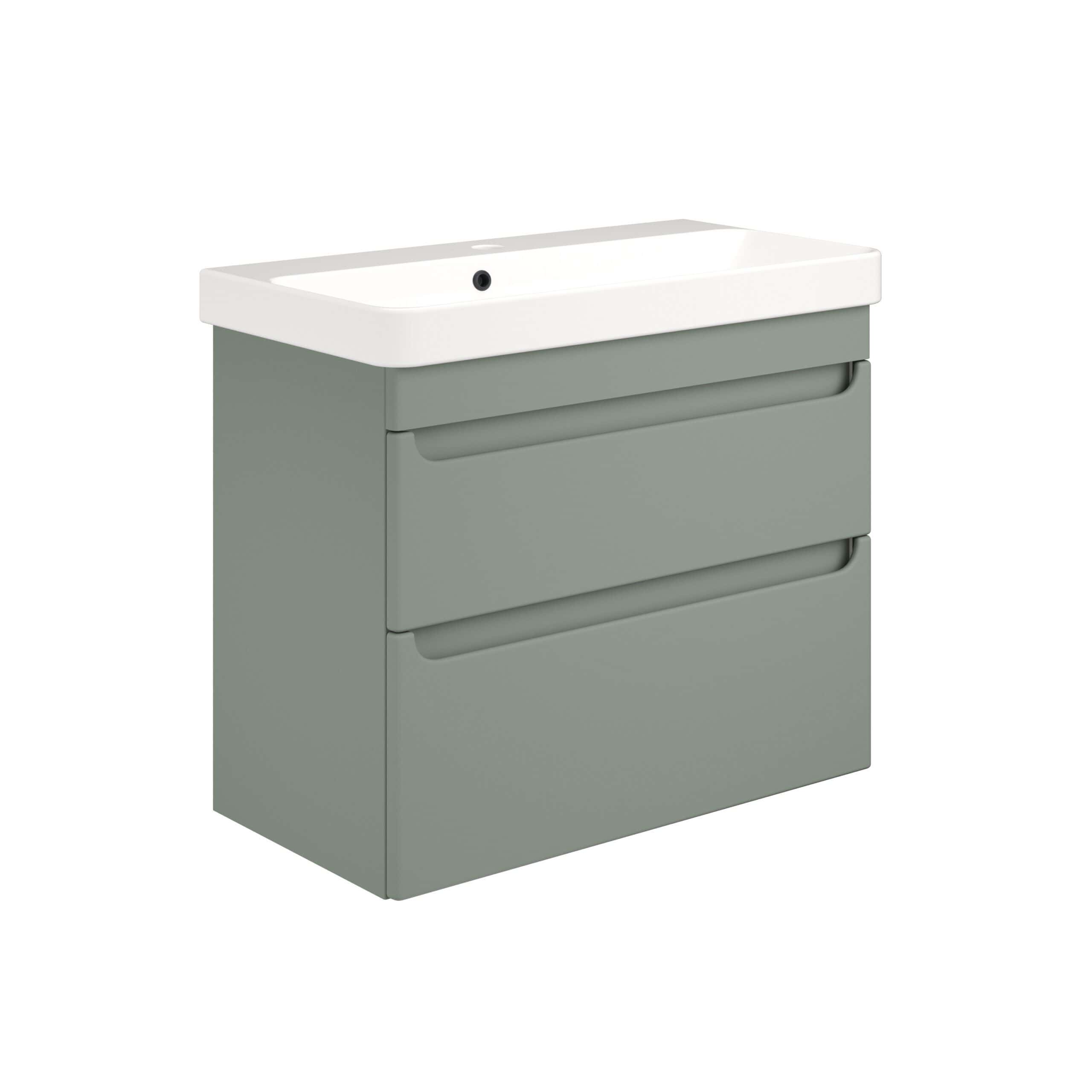 Modern grey bathroom vanity unit with integrated sink and two spacious drawers, ideal for contemporary bathroom storage solutions. Durable and stylish design from Bubly Bathrooms.
