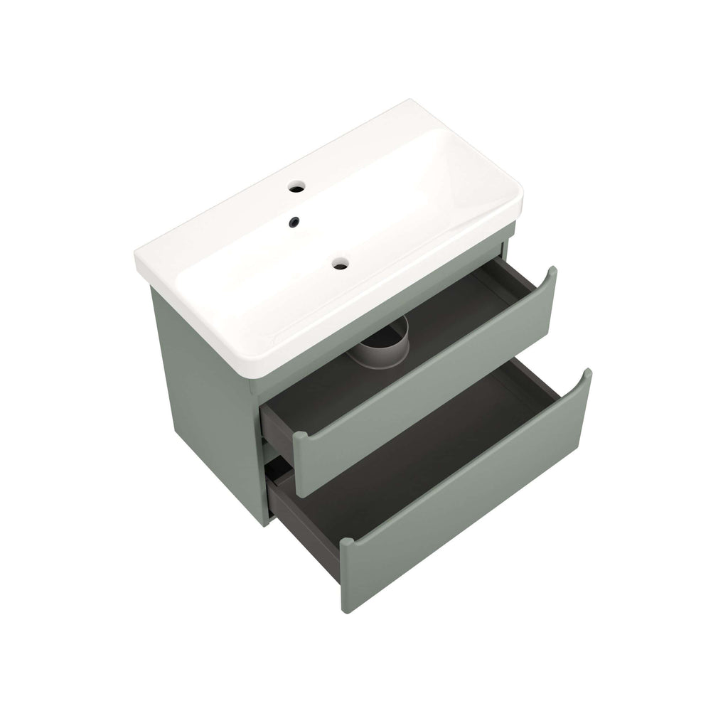 White bathroom vanity unit with a ceramic sink and grey drawers, perfect for modern bathroom storage solutions. Durable and stylish design by Bubly Bathrooms.