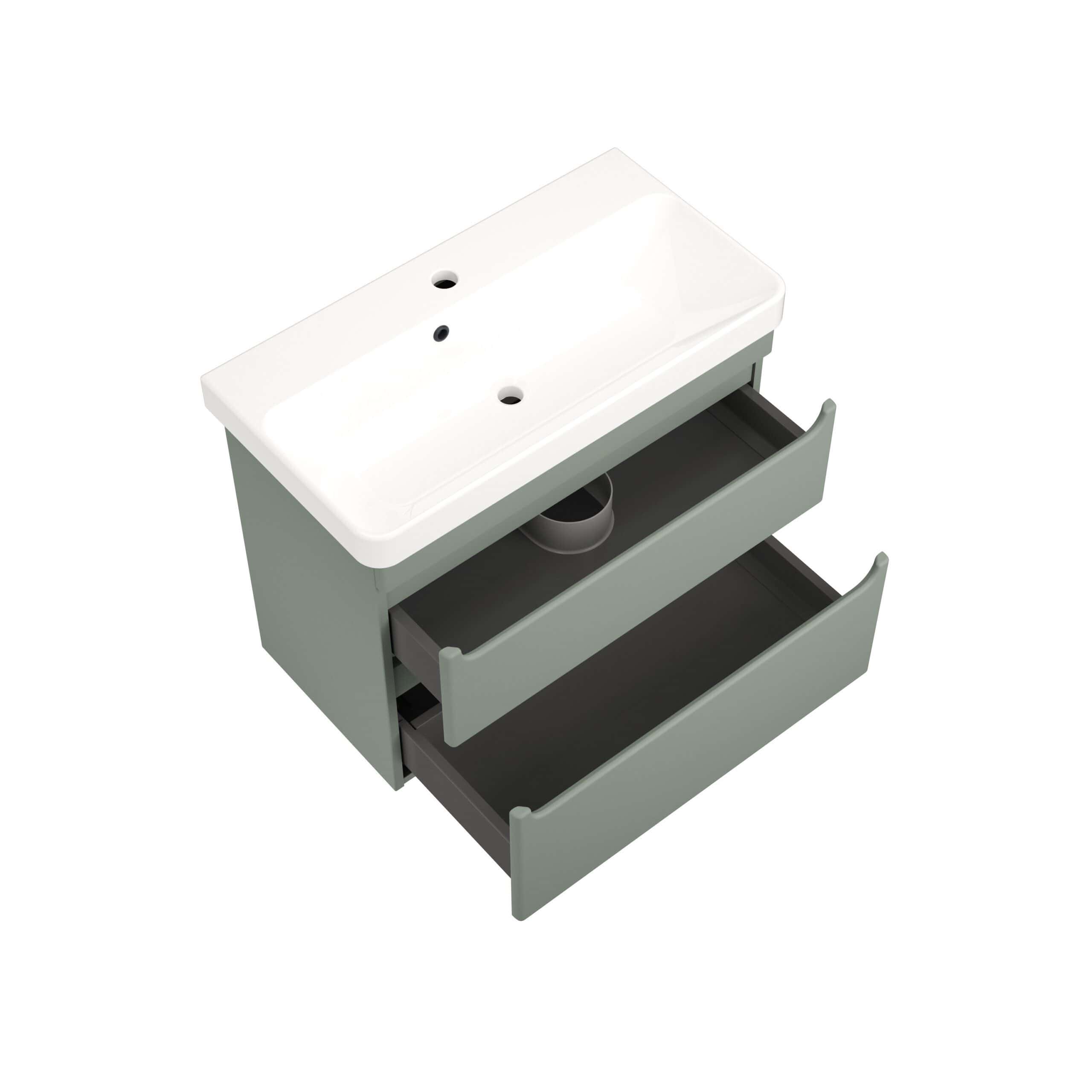 White bathroom vanity unit with a ceramic sink and grey drawers, perfect for modern bathroom storage solutions. Durable and stylish design by Bubly Bathrooms.