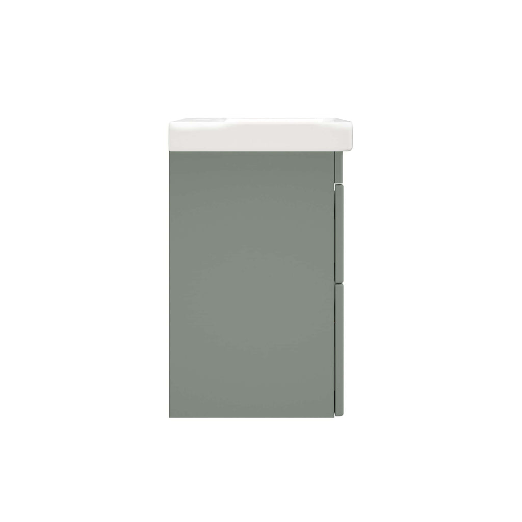 Modern grey bathroom vanity with integrated sink, minimalist design, ideal for contemporary bathroom decor, durable materials, and compact footprint. Perfect for stylish storage solutions in bathrooms.