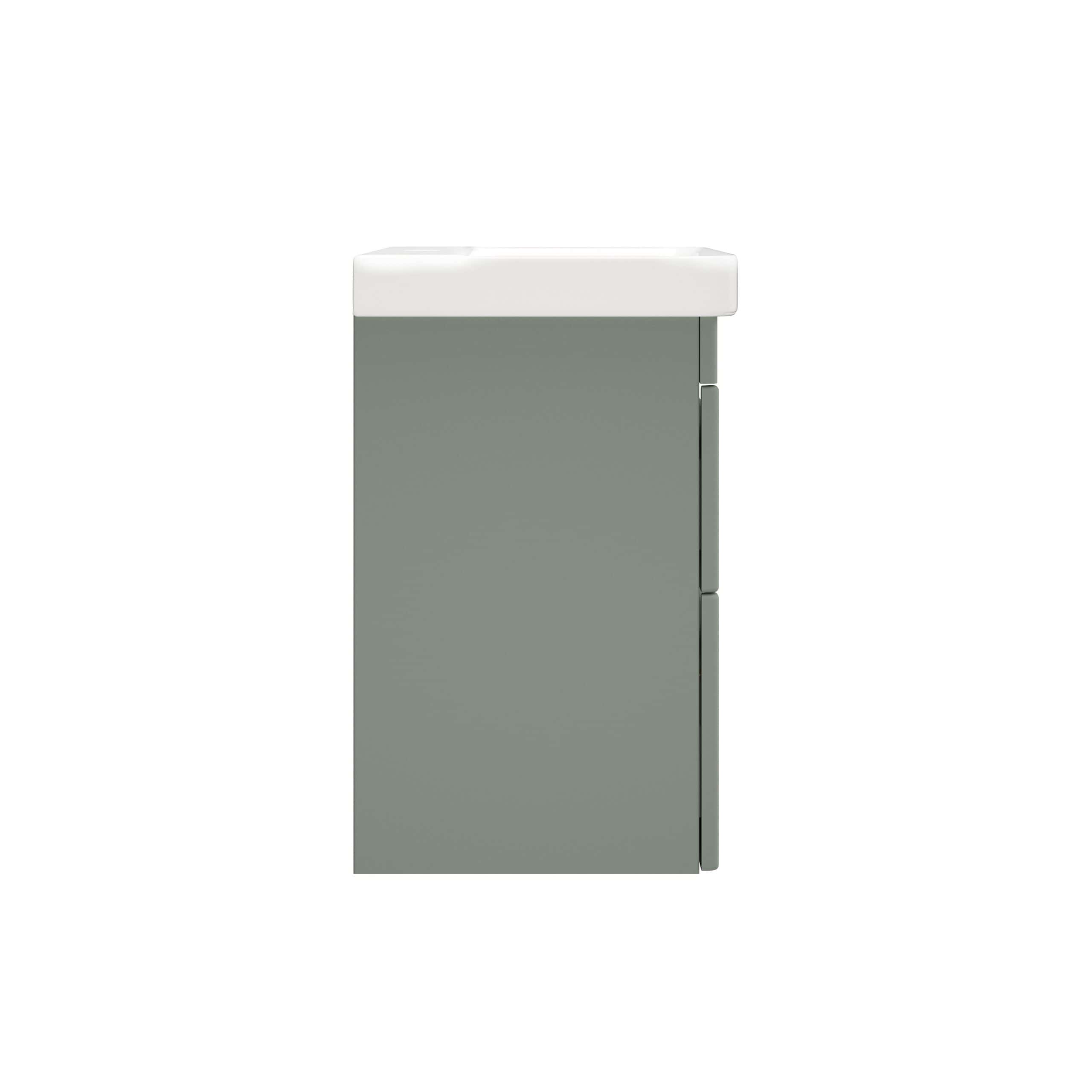 Modern grey bathroom vanity with integrated sink, minimalist design, ideal for contemporary bathroom decor, durable materials, and compact footprint. Perfect for stylish storage solutions in bathrooms.