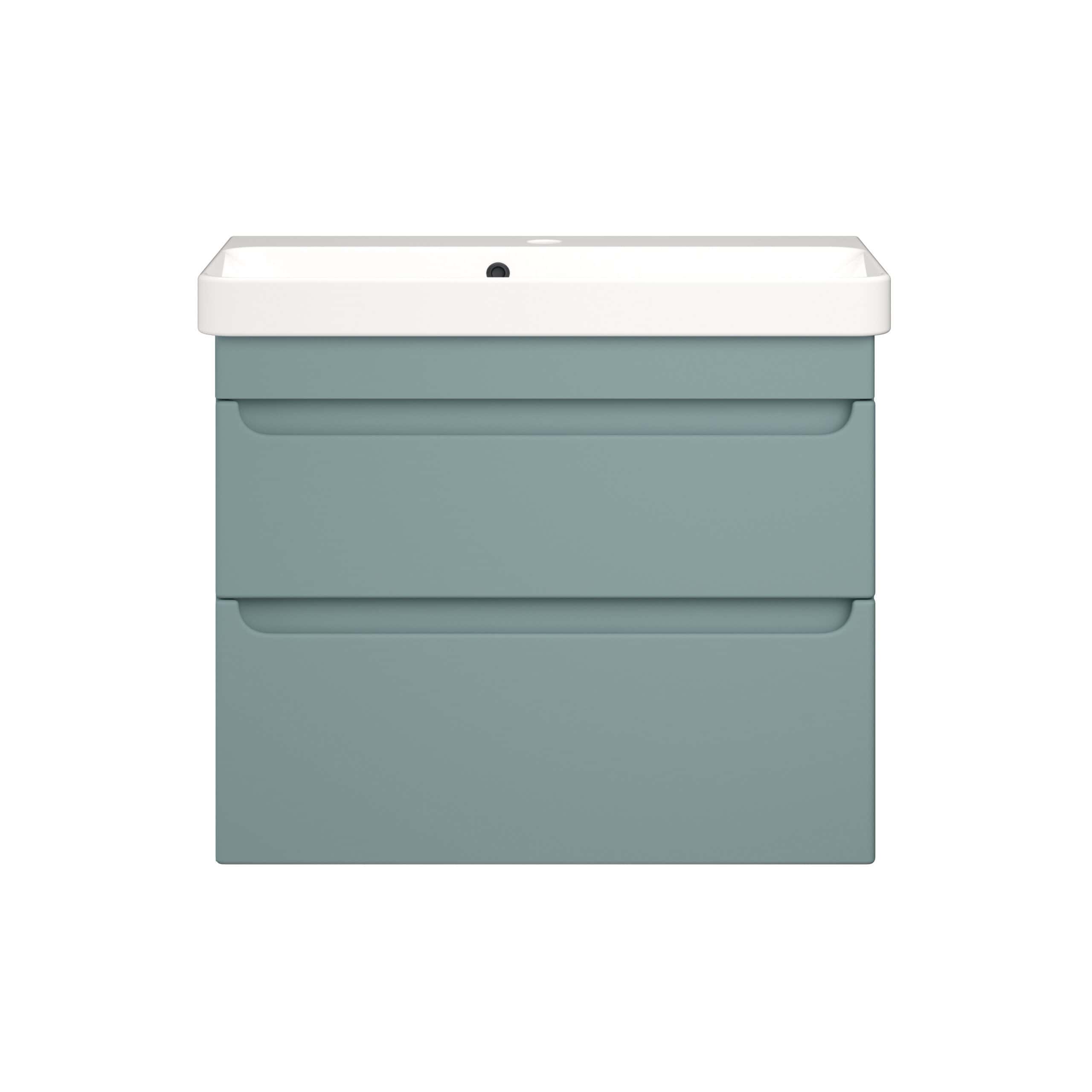 Sleek modern bathroom vanity with integrated sink in soft grey colour, featuring clean lines and storage drawers, ideal for contemporary bathroom design.