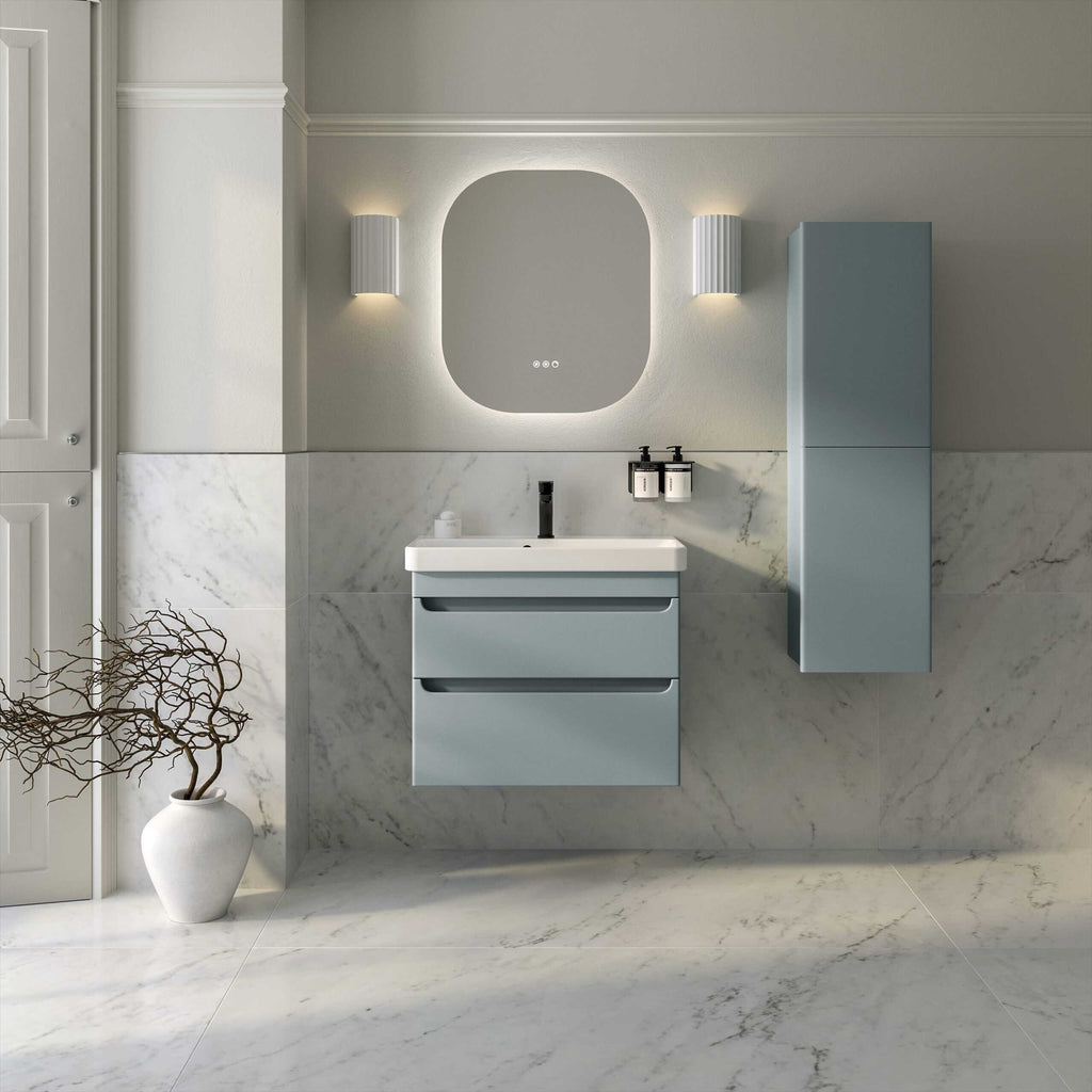 Sleek modern bathroom vanity unit with built-in sink, wall-mounted cabinet, and stylish mirror in a contemporary bathroom setting. Perfect for elegant bathroom storage and design.