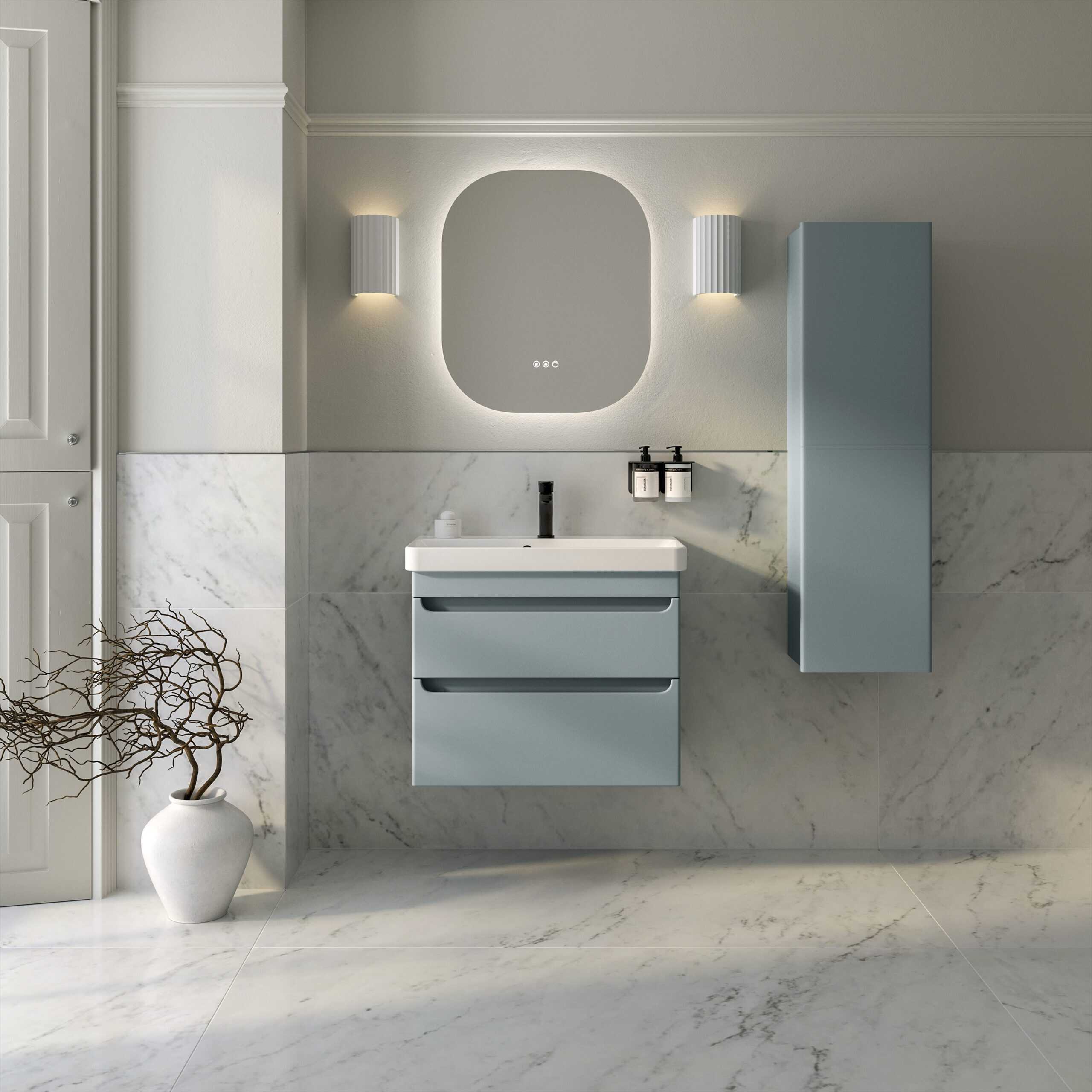Sleek modern bathroom vanity unit with built-in sink, wall-mounted cabinet, and stylish mirror in a contemporary bathroom setting. Perfect for elegant bathroom storage and design.