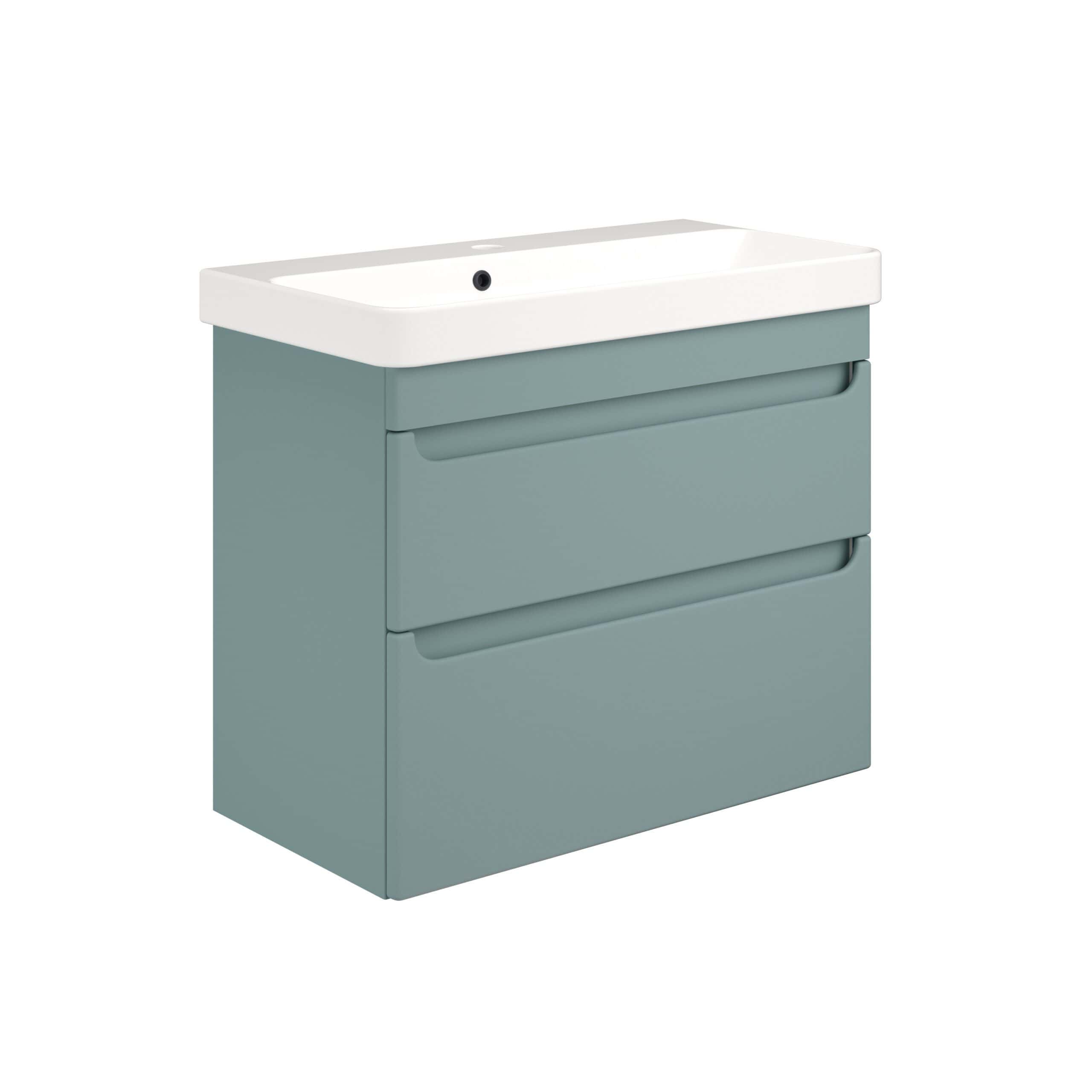 Elegant bathroom vanity with integrated sink in soft grey, featuring sleek storage drawers, perfect for modern bathroom organisation. Designed for style and practicality in contemporary bathrooms.
