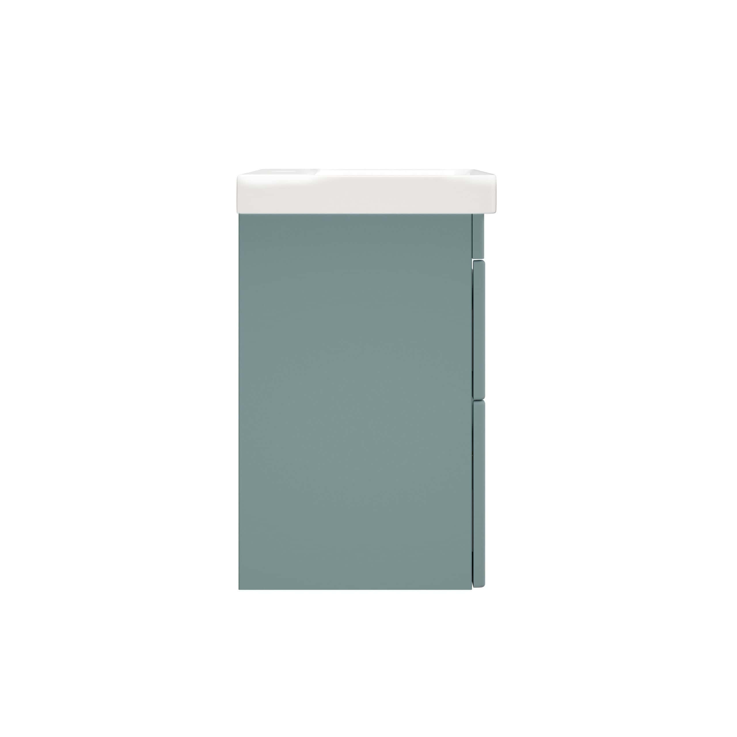 Modern bathroom vanity unit with a white ceramic sink in a sleek, minimalist design, featuring blue-grey cabinetry for a contemporary and functional bathroom storage solution.