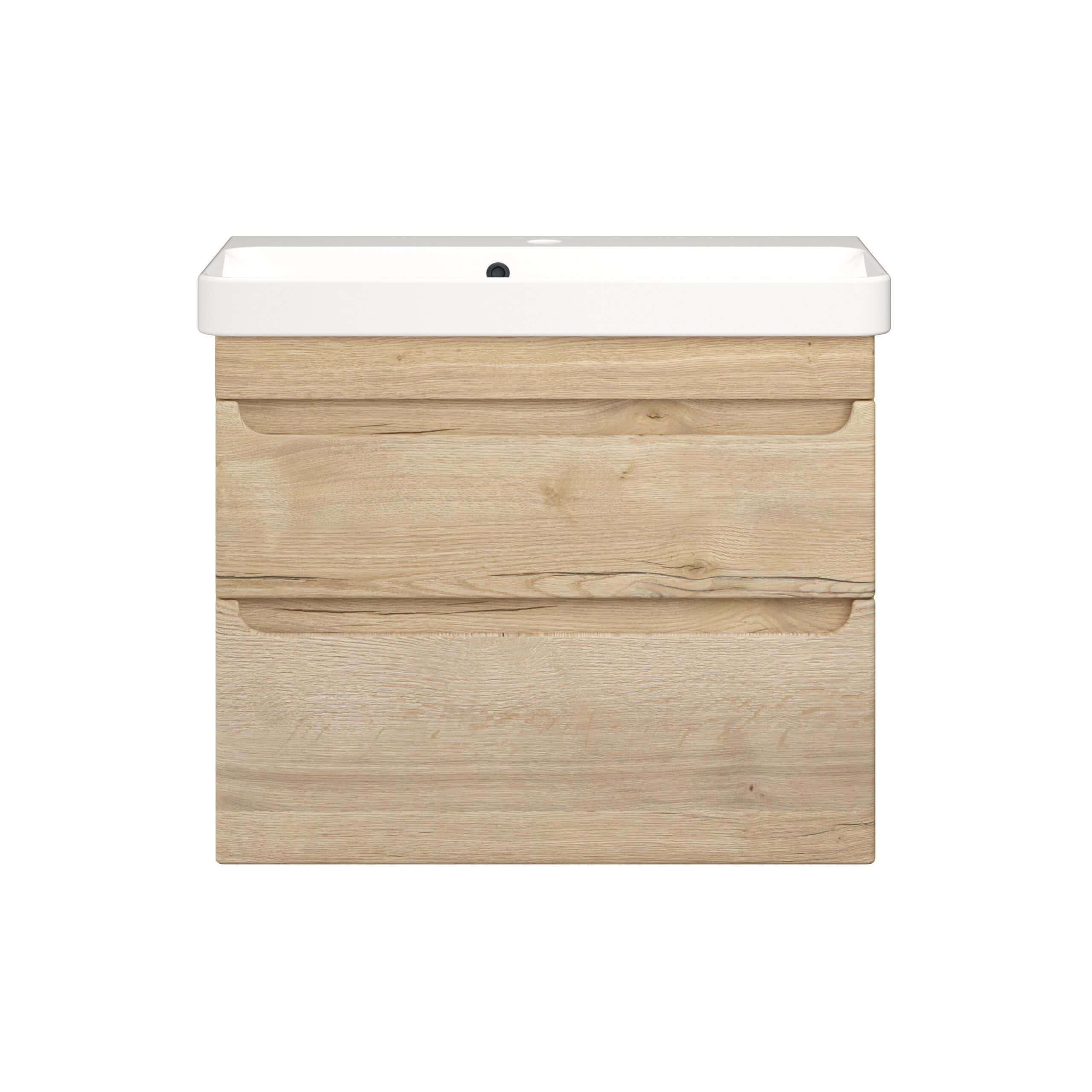 Light wooden bathroom vanity with integrated ceramic sink, modern design, suitable for contemporary bathrooms, featuring spacious storage drawers.
