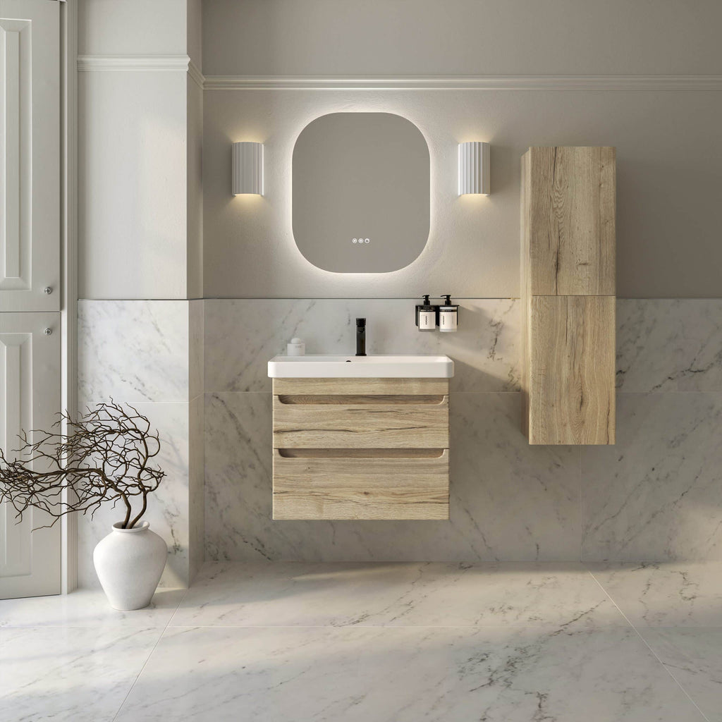 Sleek modern bathroom vanity with a minimalist wooden design, illuminated mirror, and elegant marble flooring, showcasing contemporary bathroom furniture from Bubly Bathrooms.