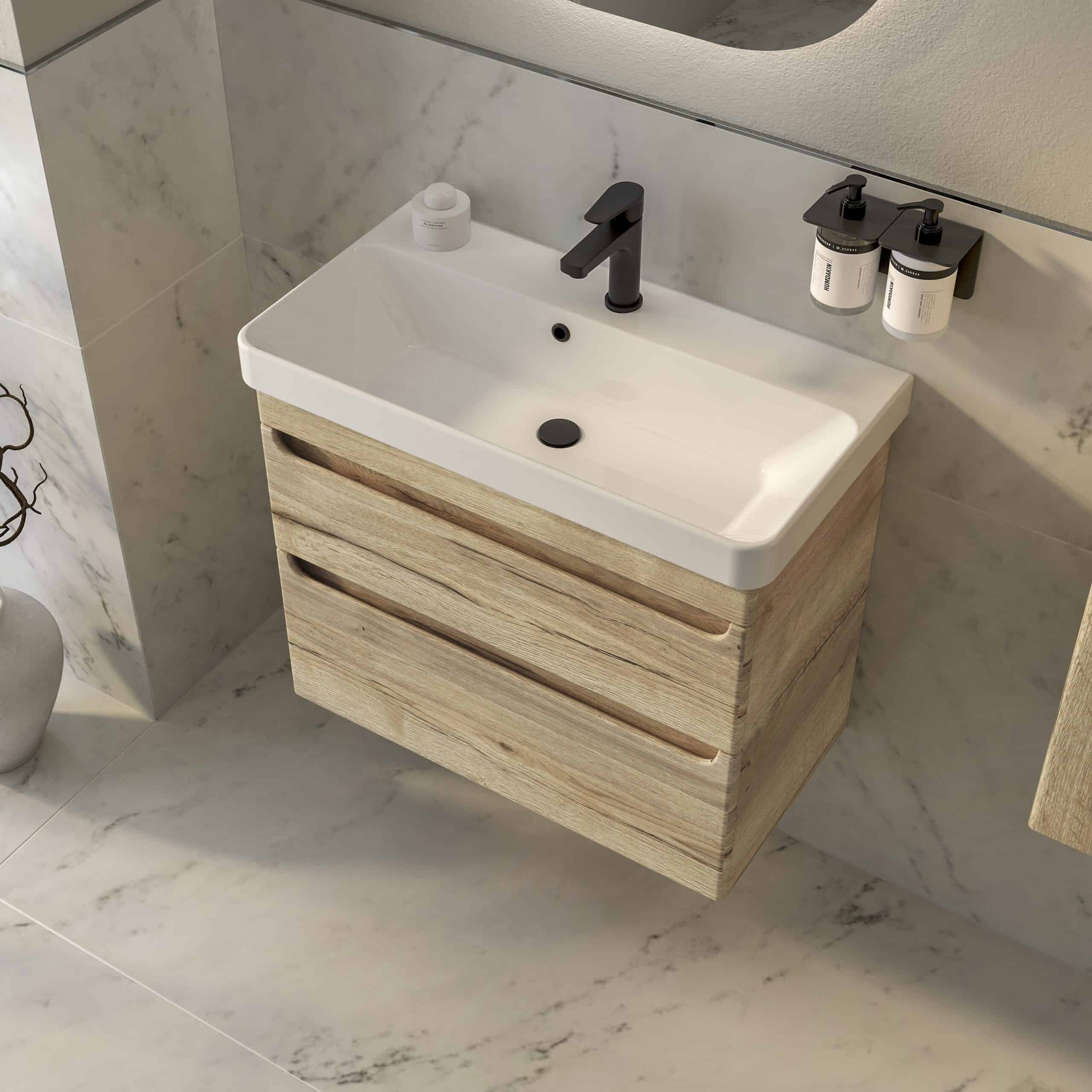 Eco-friendly bathroom vanity with a modern white sink, black tap, and natural wooden drawers, designed for stylish and functional bathroom storage solutions.